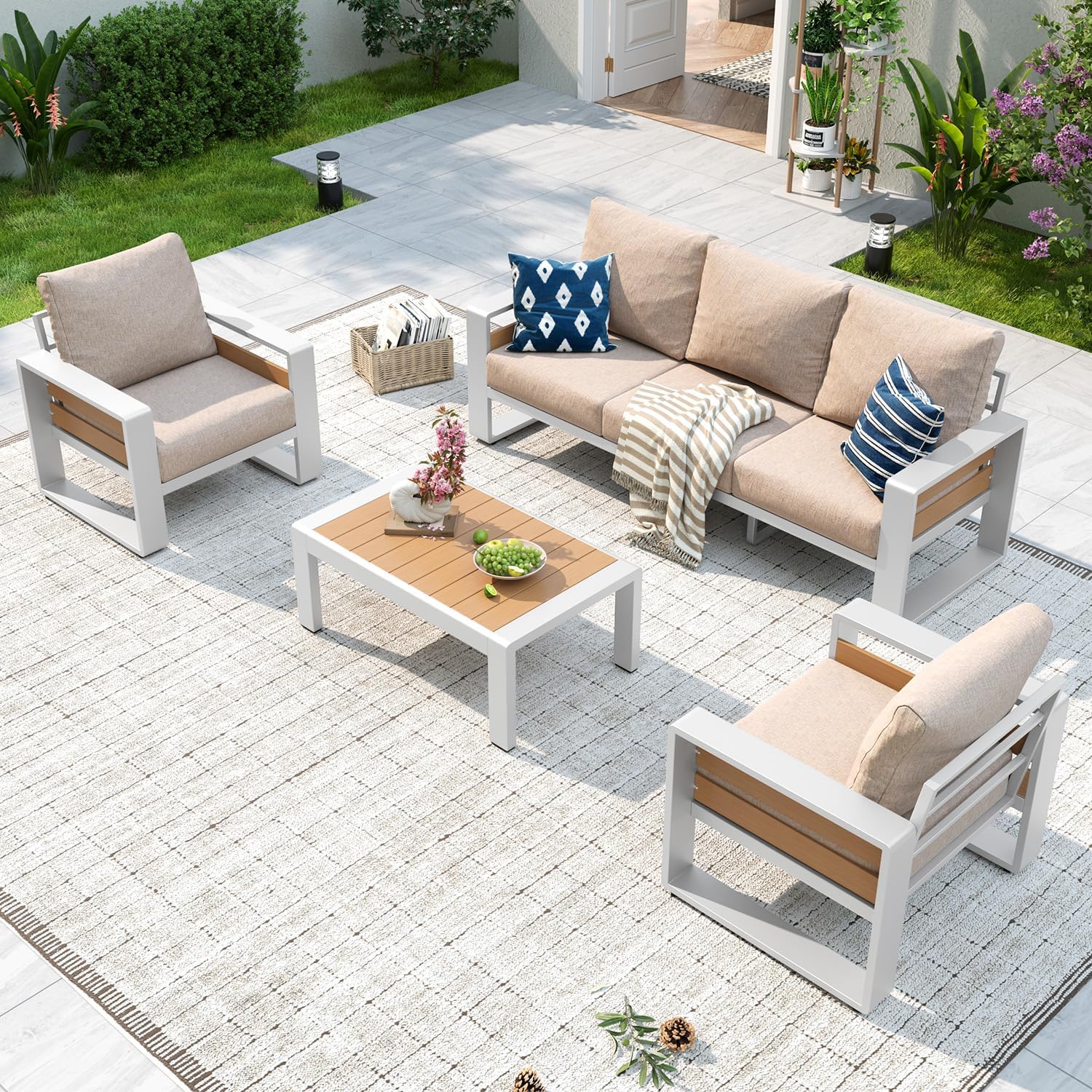 Aluminum Patio Furniture Set, 5 Piece Luxury Outdoor Sectional with 6" Olefin Fabric Cushions, Patio Conversation Sets with Coffee Table and Waterproof Cover for Backyard, Porch Dark Grey