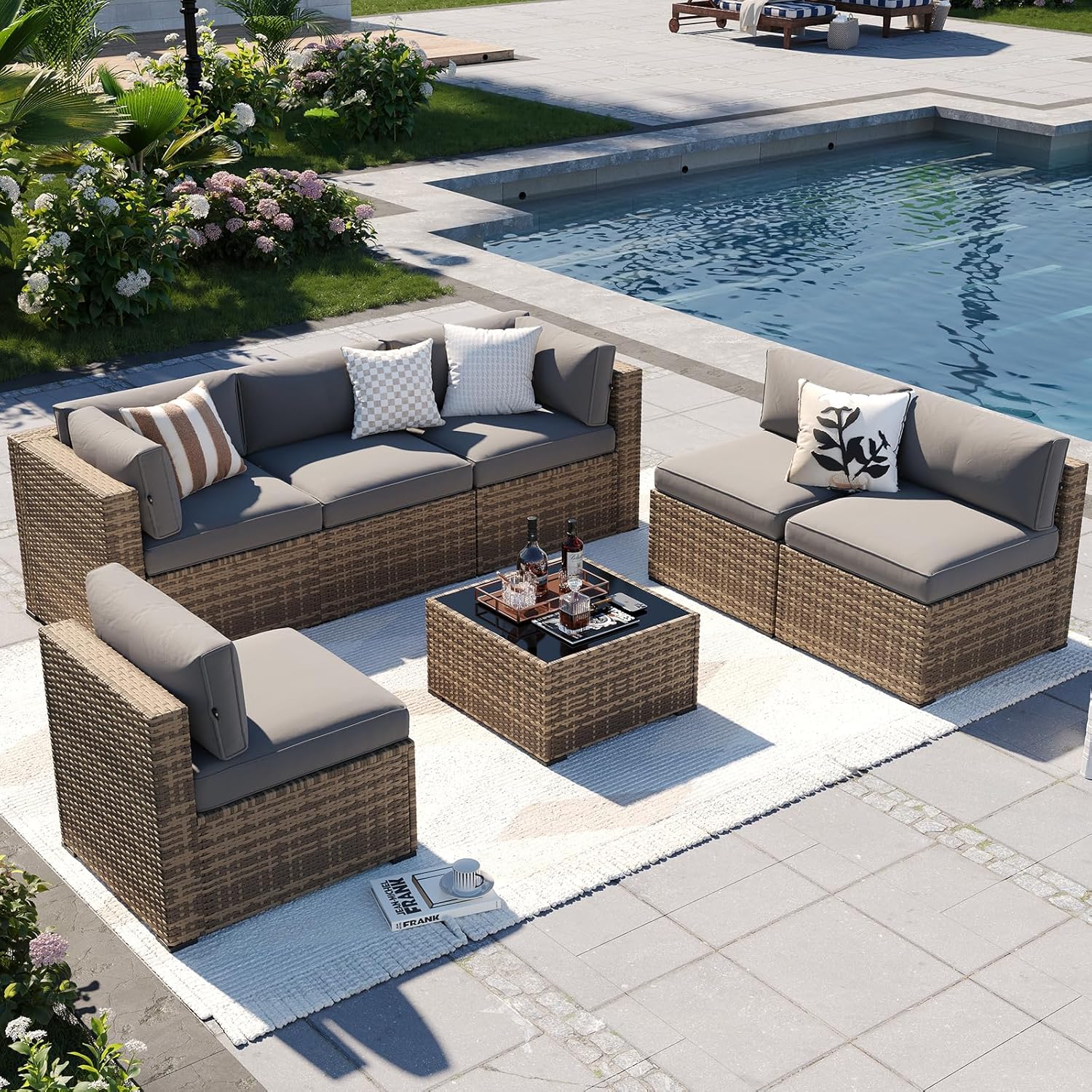 Patio Furniture Sets, 7-Piece Outdoor Patio Furniture with Thick Cushions, Wicker Outdoor Conversation Set Sectional Sofa for Backyard, Poolside, Garden