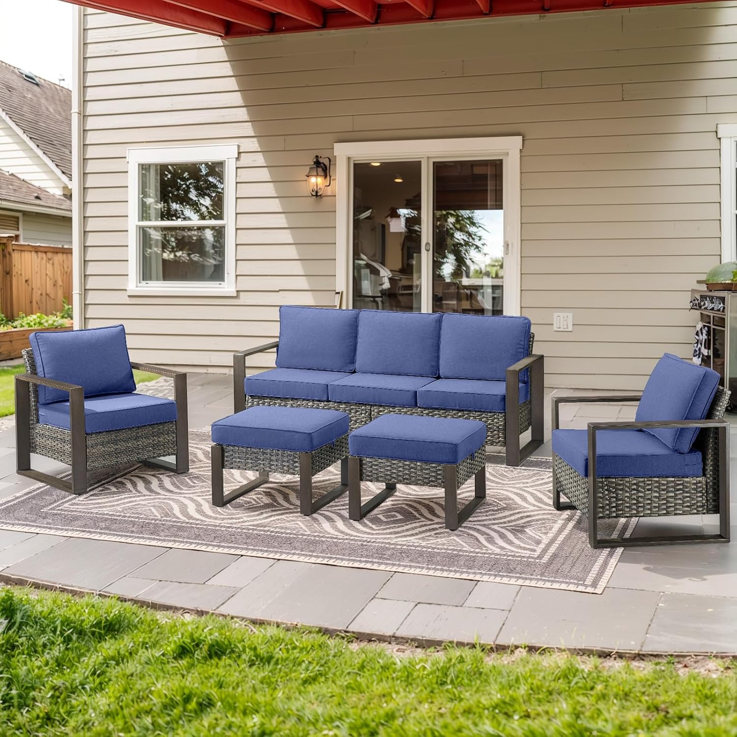 6 Piece Outdoor Patio Furniture Set with Propane Fire Pit Table, Wicker Patio Conversation Set with 2 Swivel Rocker Chairs Rattan Sofa and Removable 4" Thick Cushions for Deck Backyard