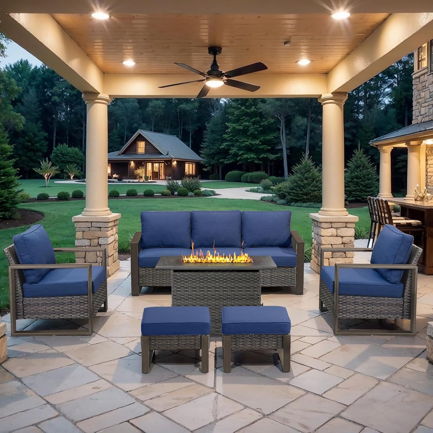 6 Piece Outdoor Patio Furniture Set with Propane Fire Pit Table, Wicker Patio Conversation Set with 2 Swivel Rocker Chairs Rattan Sofa and Removable 4" Thick Cushions for Deck Backyard