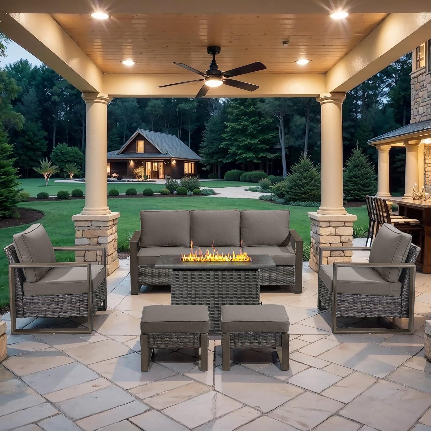 6 Piece Outdoor Patio Furniture Set with Propane Fire Pit Table, Wicker Patio Conversation Set with 2 Swivel Rocker Chairs Rattan Sofa and Removable 4" Thick Cushions for Deck Backyard