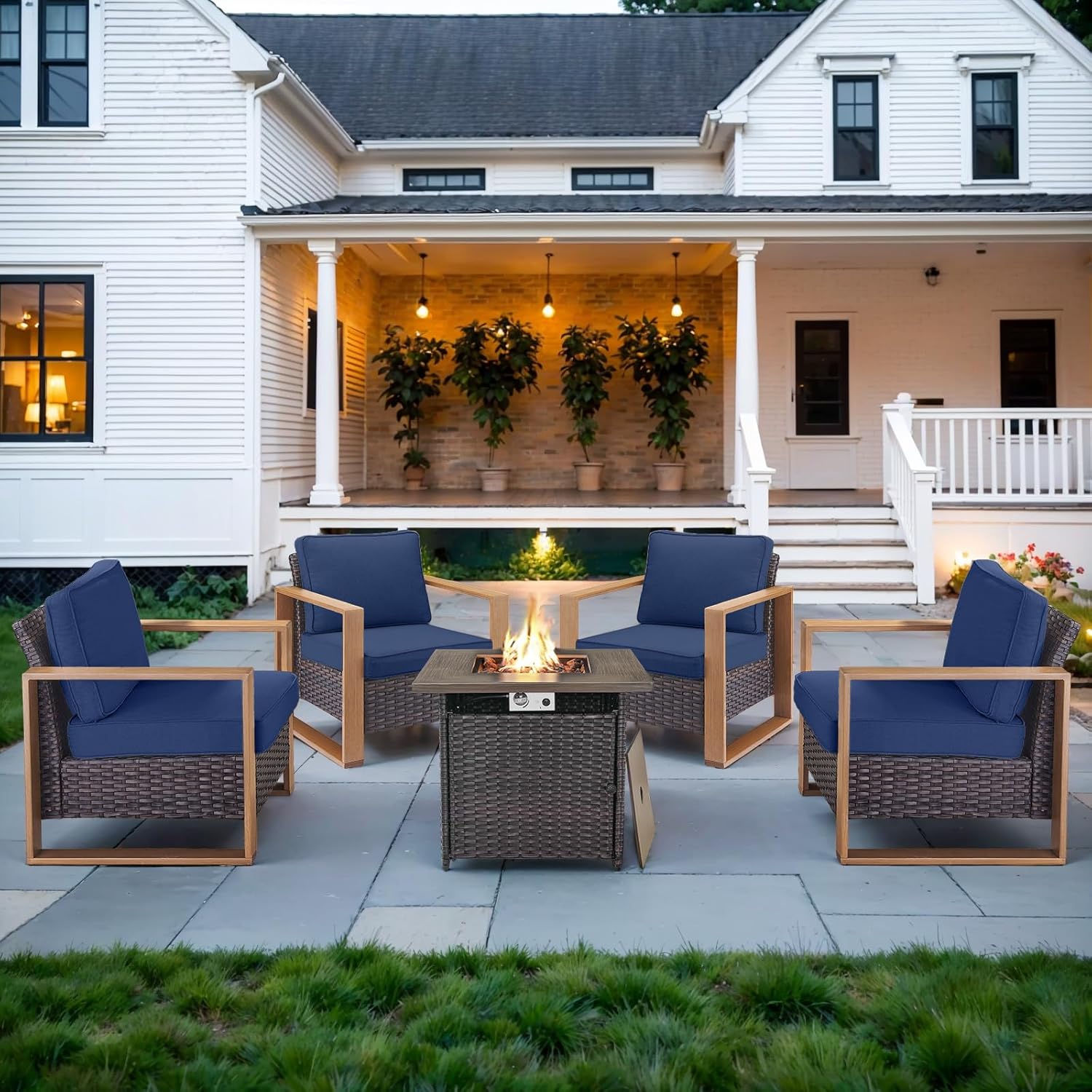 6 Piece Outdoor Patio Furniture Set with Propane Fire Pit Table, Wicker Patio Conversation Set with 2 Swivel Rocker Chairs Rattan Sofa and Removable 4" Thick Cushions for Deck Backyard