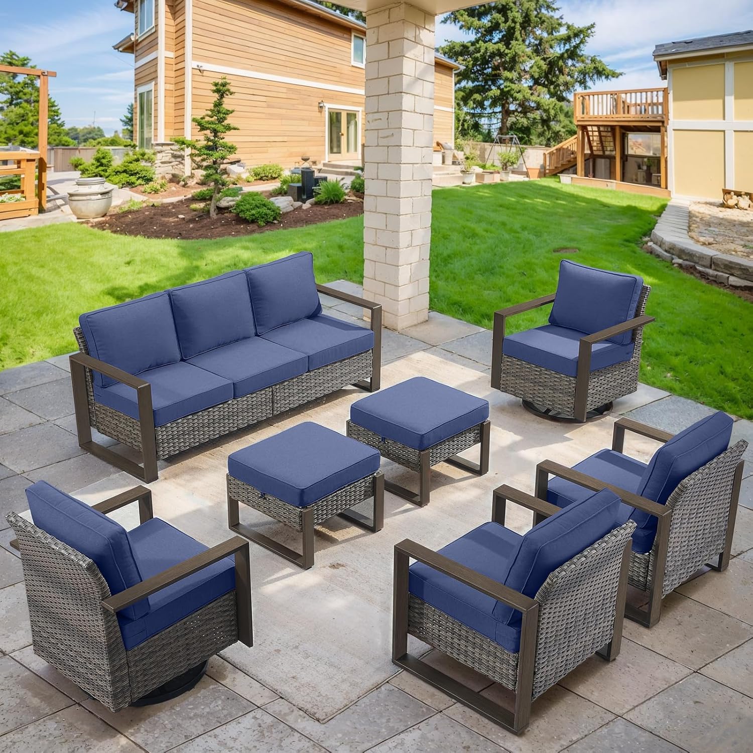 6 Piece Outdoor Patio Furniture Set with Propane Fire Pit Table, Wicker Patio Conversation Set with 2 Swivel Rocker Chairs Rattan Sofa and Removable 4" Thick Cushions for Deck Backyard