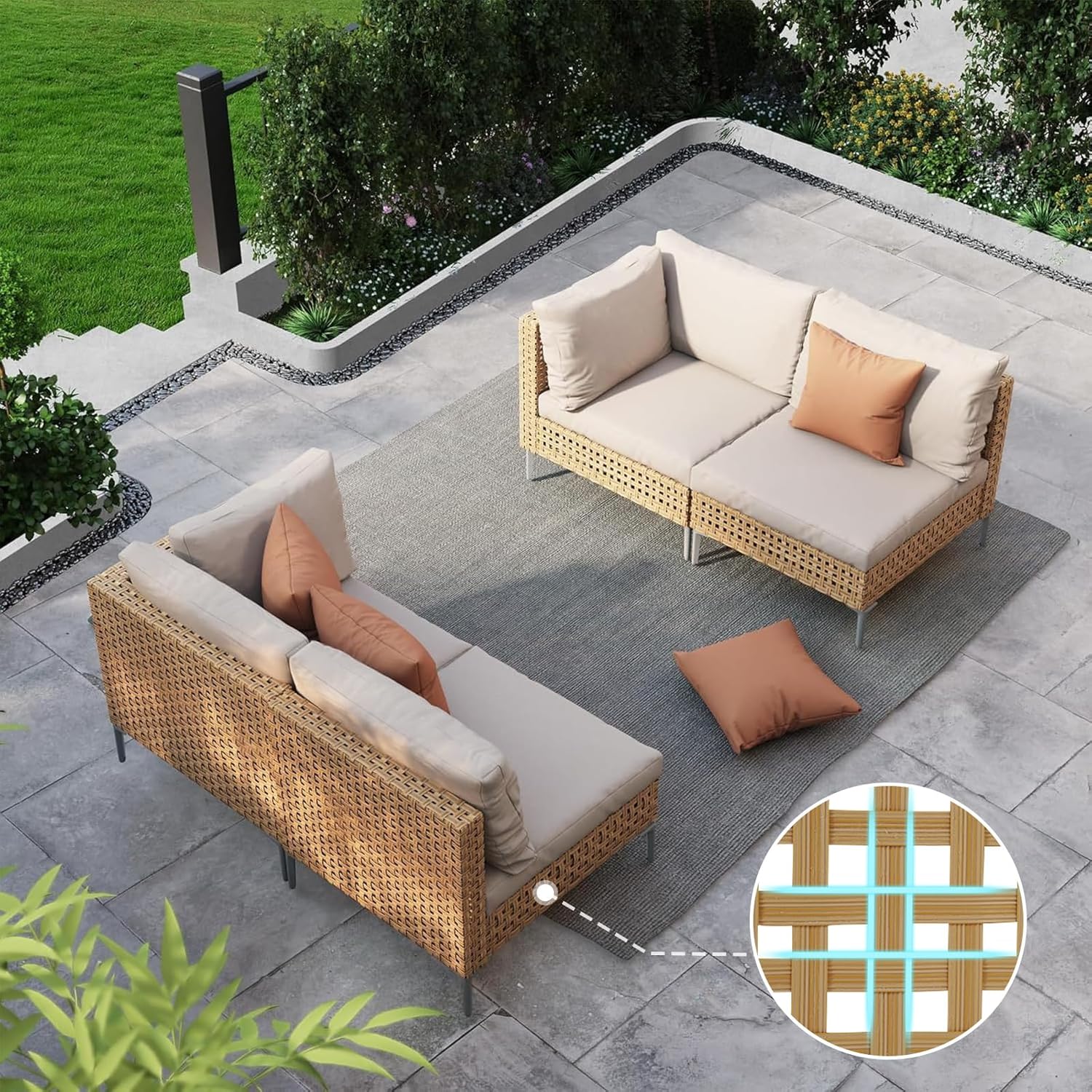 Grand patio 7-Piece Wicker Patio Furniture Set, Boho Outdoor Conversation Set Sectional Sofa with Water Resistant Thick Cushions and Coffee Table, Cream