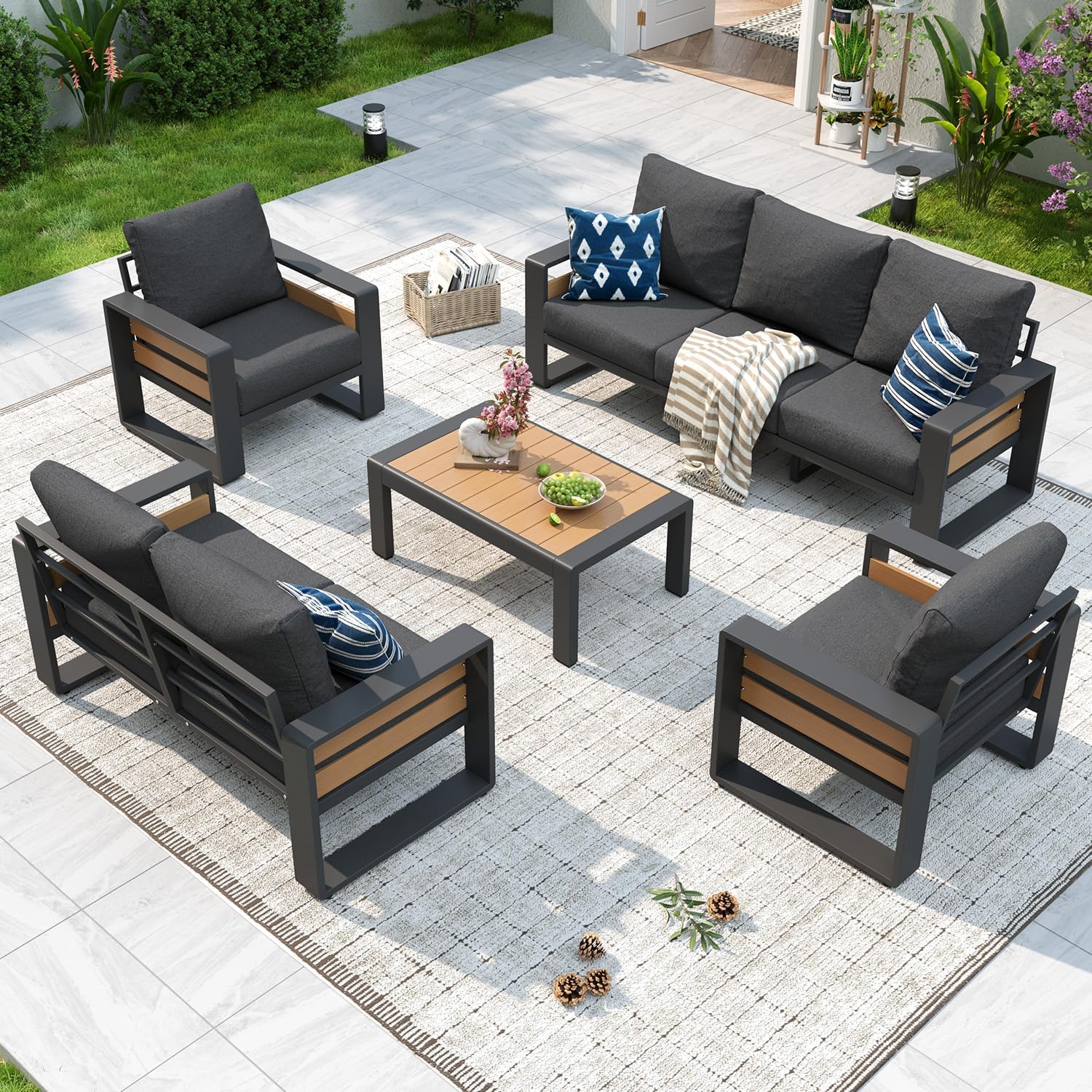 Aluminum Patio Furniture Set, 5 Piece Luxury Outdoor Sectional with 6" Olefin Fabric Cushions, Patio Conversation Sets with Coffee Table and Waterproof Cover for Backyard, Porch Dark Grey