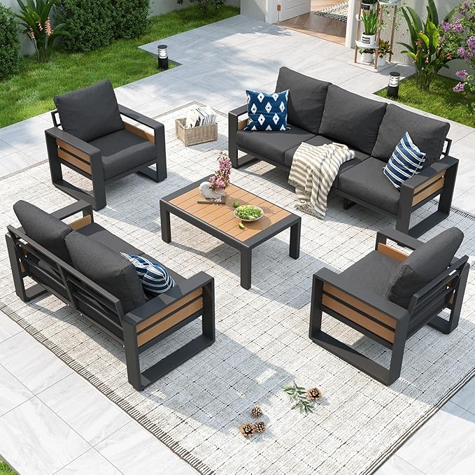 Aluminum Patio Furniture Set, 5 Piece Luxury Outdoor Sectional with 6" Olefin Fabric Cushions, Patio Conversation Sets with Coffee Table and Waterproof Cover for Backyard, Porch Dark Grey