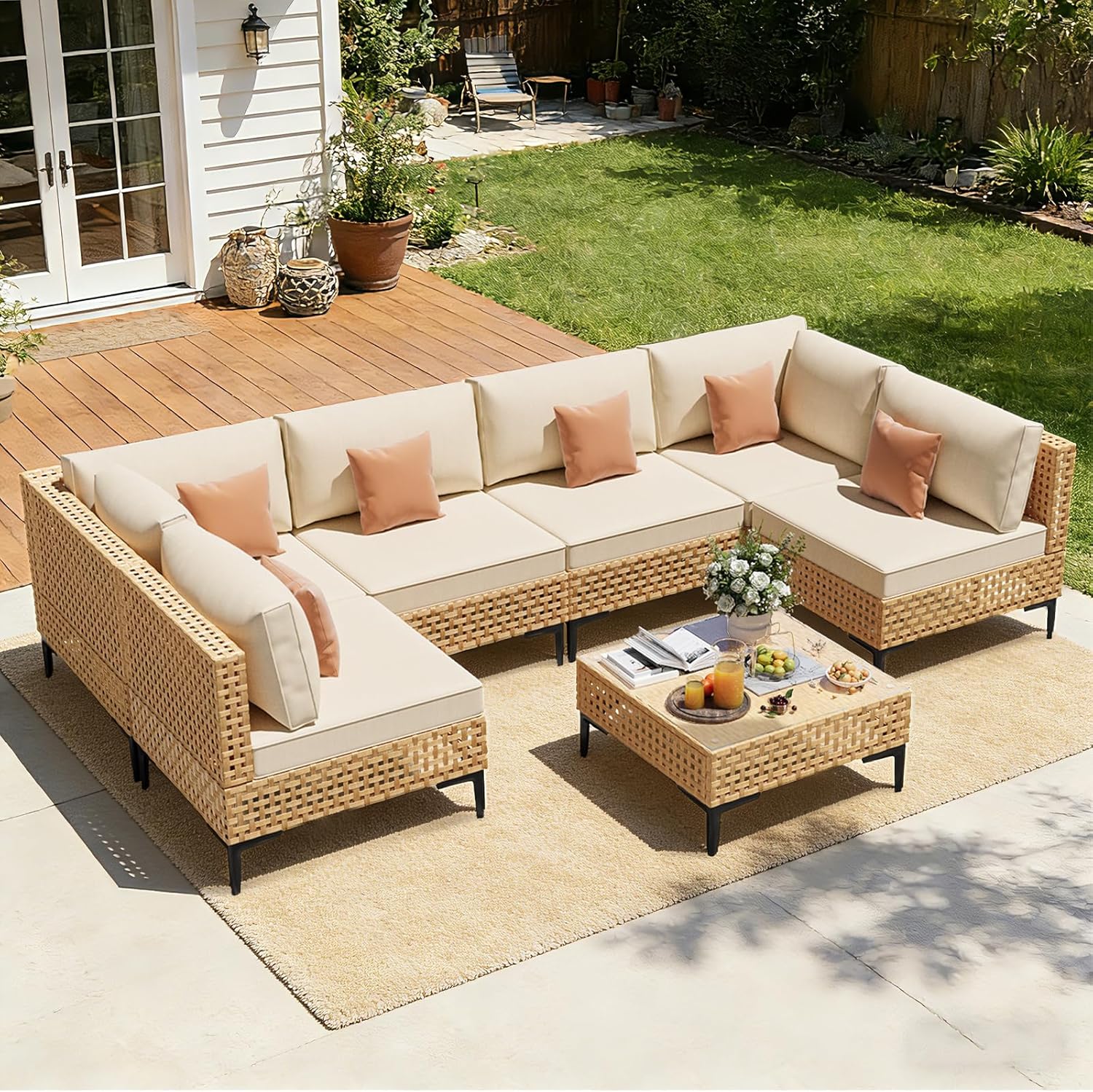 Patio Furniture Set, 110" Large 7-Piece Wicker Outdoor Patio Furniture Sets with Coffee Table,Boho Patio Conversation Set Sectional Sofa with All-Weather Cushions for Backyard,Porch,Beige