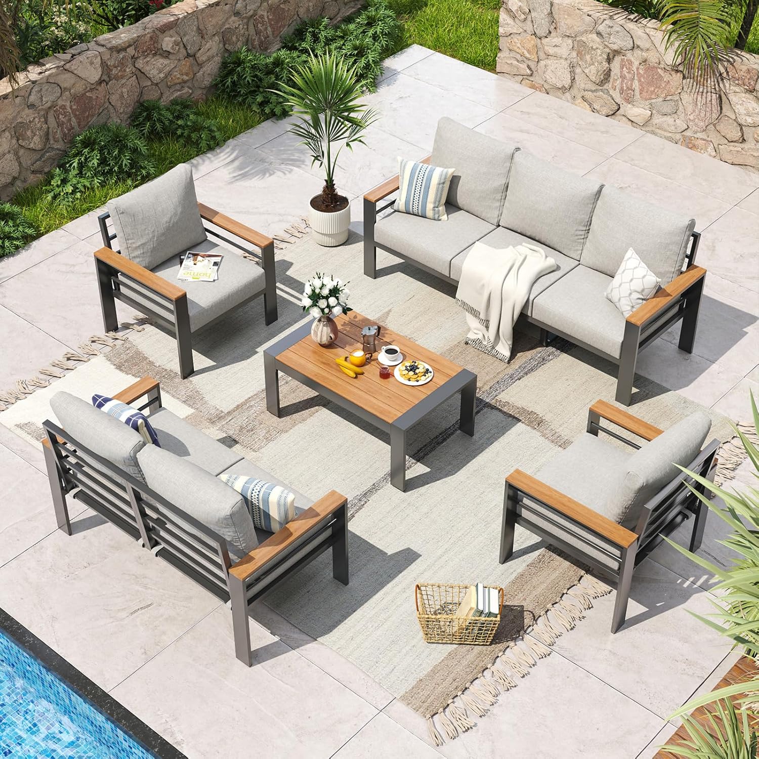 Aluminum Patio Furniture Set 7 Seats, Oversized Outdoor Sectional with Washable Thick Cushions, Coffee Table and Waterproof Cover, Patio Conversation Sets for Porch, Balcony, Deck