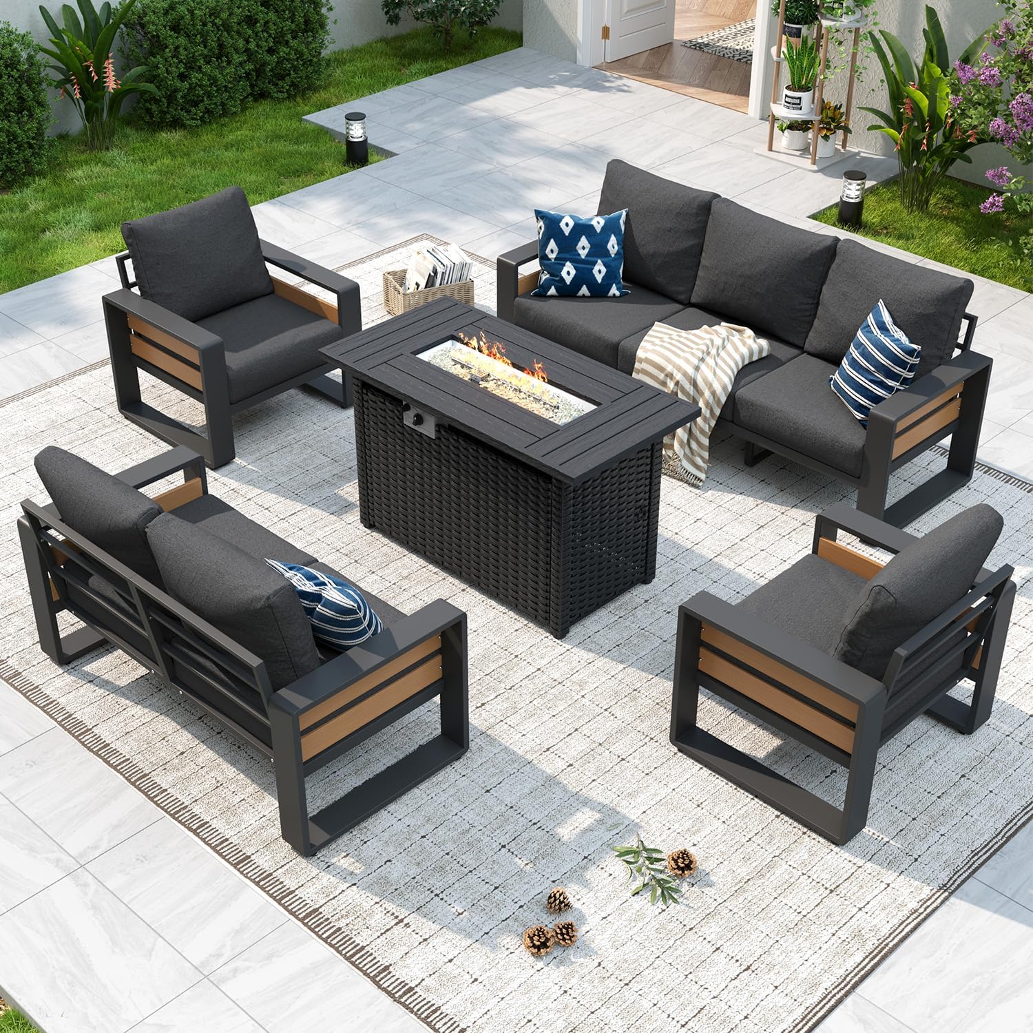 Aluminum Patio Furniture Set, 5 Piece Luxury Outdoor Sectional with 6" Olefin Fabric Cushions, Patio Conversation Sets with Coffee Table and Waterproof Cover for Backyard, Porch Dark Grey