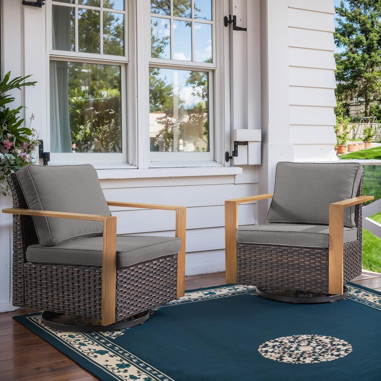 6 Piece Outdoor Patio Furniture Set with Propane Fire Pit Table, Wicker Patio Conversation Set with 2 Swivel Rocker Chairs Rattan Sofa and Removable 4" Thick Cushions for Deck Backyard