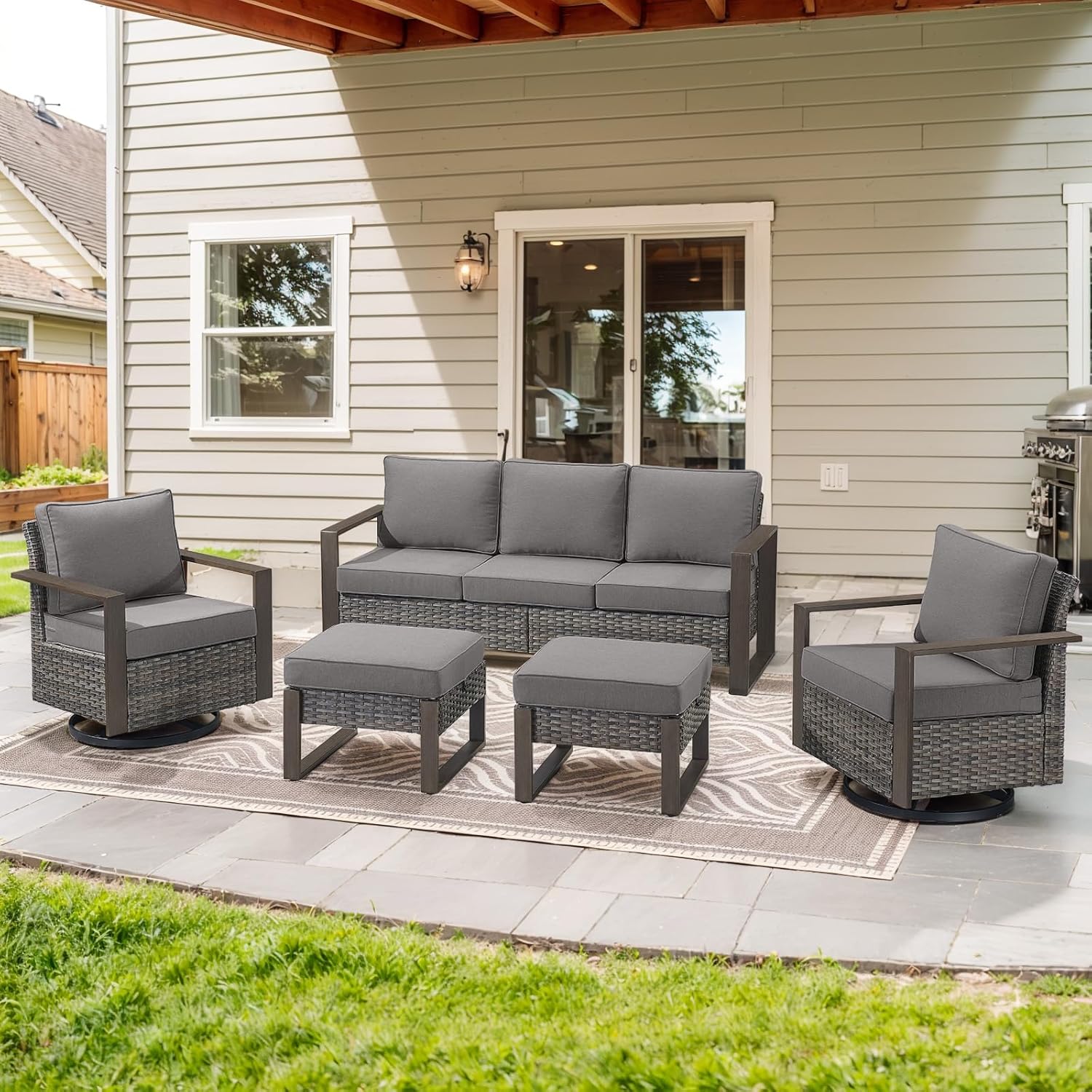 6 Piece Outdoor Patio Furniture Set with Propane Fire Pit Table, Wicker Patio Conversation Set with 2 Swivel Rocker Chairs Rattan Sofa and Removable 4" Thick Cushions for Deck Backyard