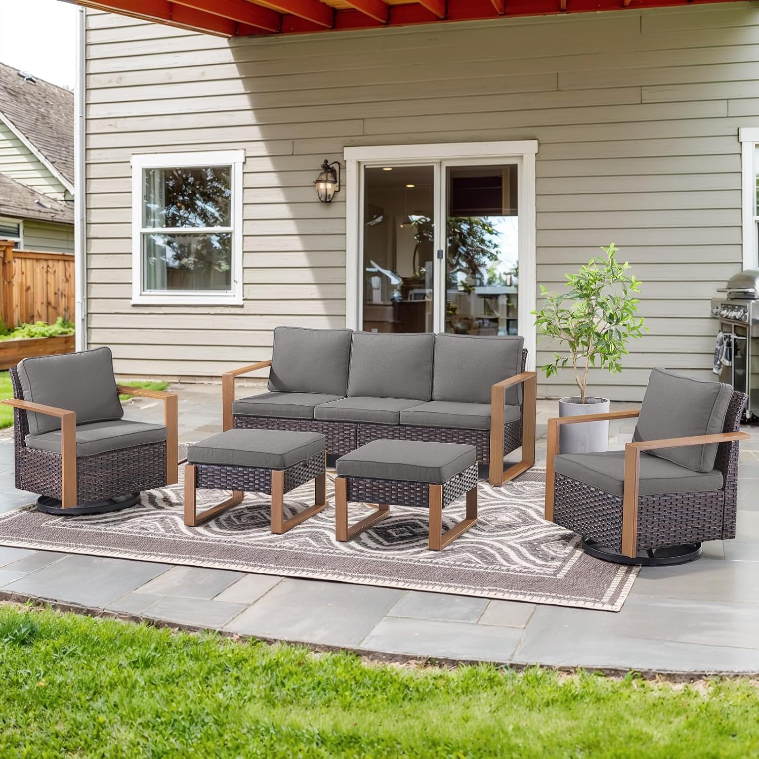 6 Piece Outdoor Patio Furniture Set with Propane Fire Pit Table, Wicker Patio Conversation Set with 2 Swivel Rocker Chairs Rattan Sofa and Removable 4" Thick Cushions for Deck Backyard