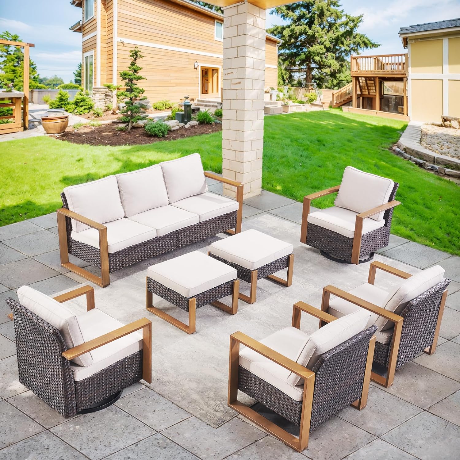 6 Piece Outdoor Patio Furniture Set with Propane Fire Pit Table, Wicker Patio Conversation Set with 2 Swivel Rocker Chairs Rattan Sofa and Removable 4" Thick Cushions for Deck Backyard