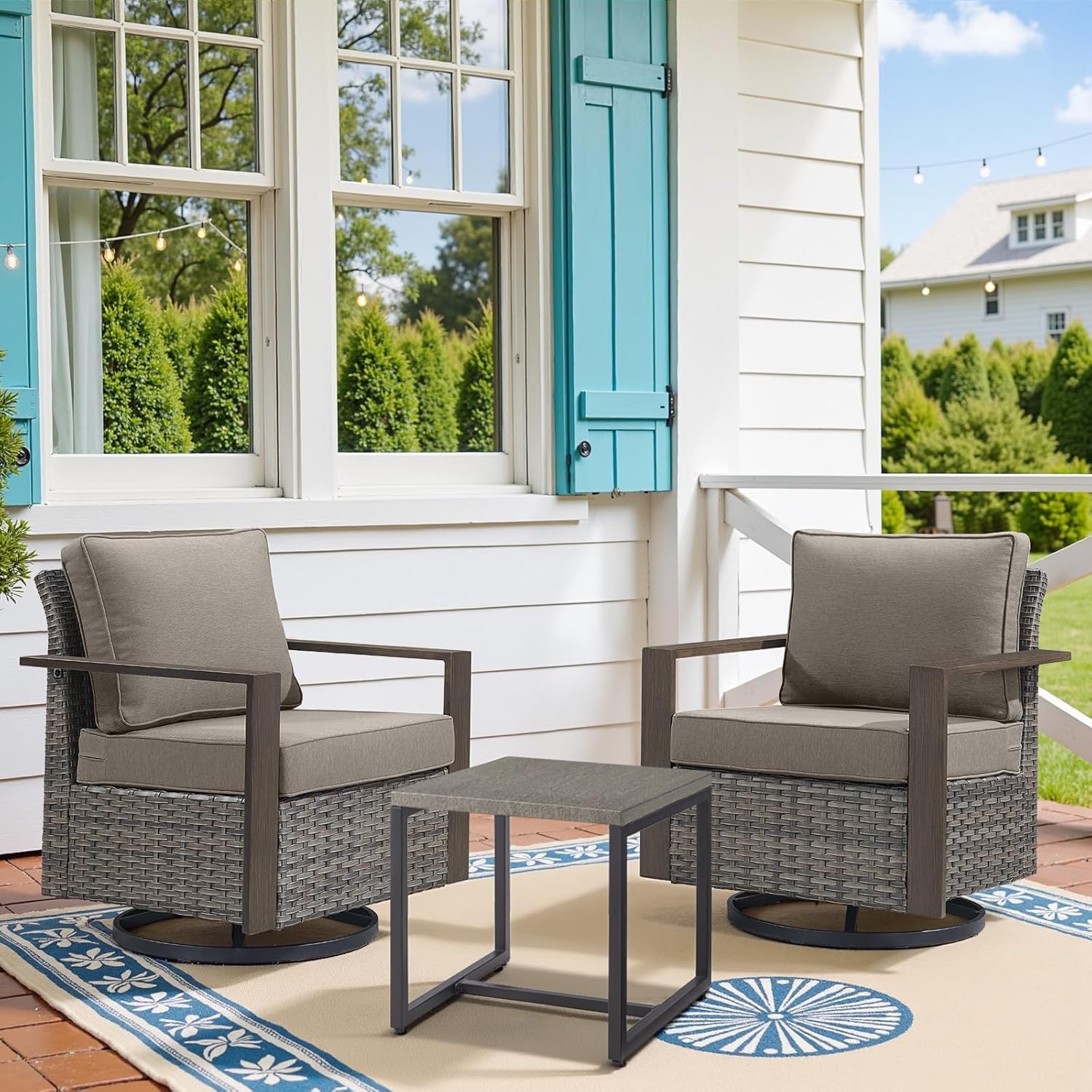 6 Piece Outdoor Patio Furniture Set with Propane Fire Pit Table, Wicker Patio Conversation Set with 2 Swivel Rocker Chairs Rattan Sofa and Removable 4" Thick Cushions for Deck Backyard