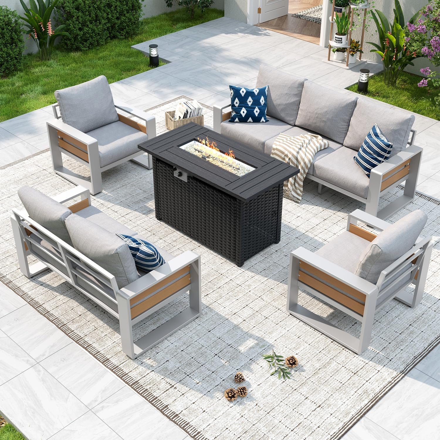Aluminum Patio Furniture Set, 5 Piece Luxury Outdoor Sectional with 6" Olefin Fabric Cushions, Patio Conversation Sets with Coffee Table and Waterproof Cover for Backyard, Porch Dark Grey