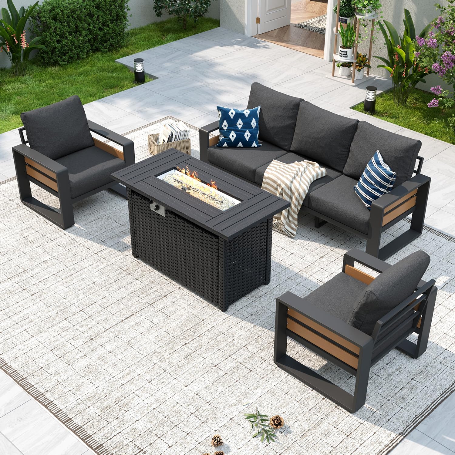 Aluminum Patio Furniture Set, 5 Piece Luxury Outdoor Sectional with 6" Olefin Fabric Cushions, Patio Conversation Sets with Coffee Table and Waterproof Cover for Backyard, Porch Dark Grey