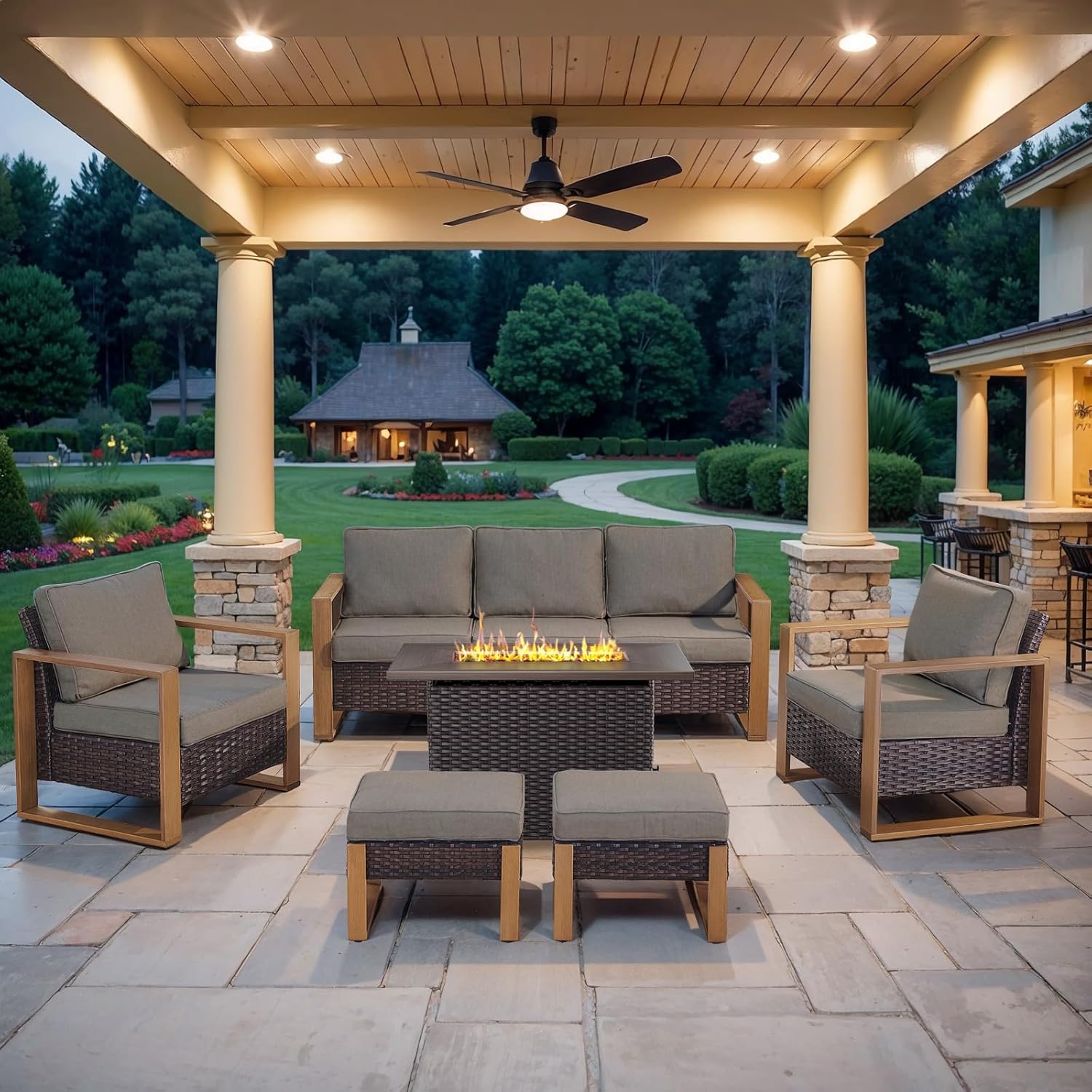 6 Piece Outdoor Patio Furniture Set with Propane Fire Pit Table, Wicker Patio Conversation Set with 2 Swivel Rocker Chairs Rattan Sofa and Removable 4" Thick Cushions for Deck Backyard