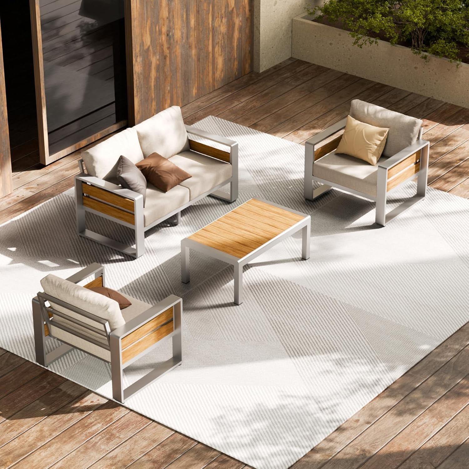 Aluminum Outdoor Patio Furniture Set, 5-Piece Metal Modern Outside Sectional Conversation Lawn Furniture with Coffee Table & Washable Thick Cushions,Seating Sofa for Garden/Backyard/Porch Grey