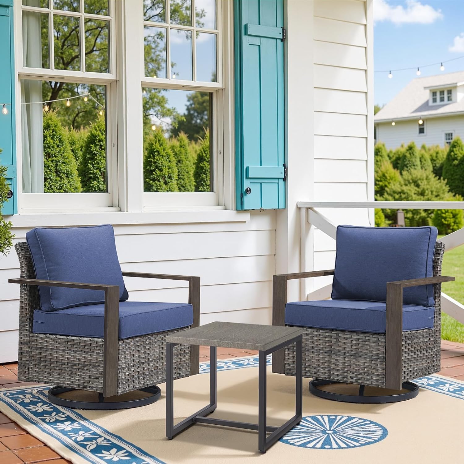 6 Piece Outdoor Patio Furniture Set with Propane Fire Pit Table, Wicker Patio Conversation Set with 2 Swivel Rocker Chairs Rattan Sofa and Removable 4" Thick Cushions for Deck Backyard