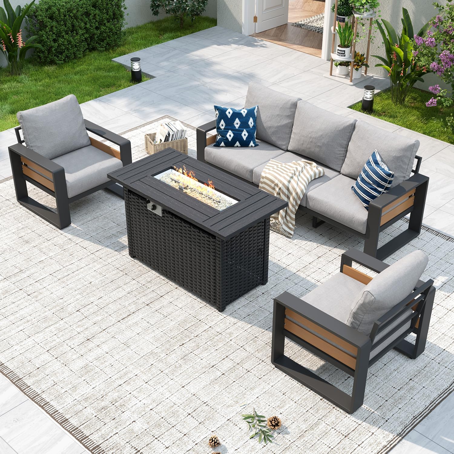 Aluminum Patio Furniture Set, 5 Piece Luxury Outdoor Sectional with 6" Olefin Fabric Cushions, Patio Conversation Sets with Coffee Table and Waterproof Cover for Backyard, Porch Dark Grey