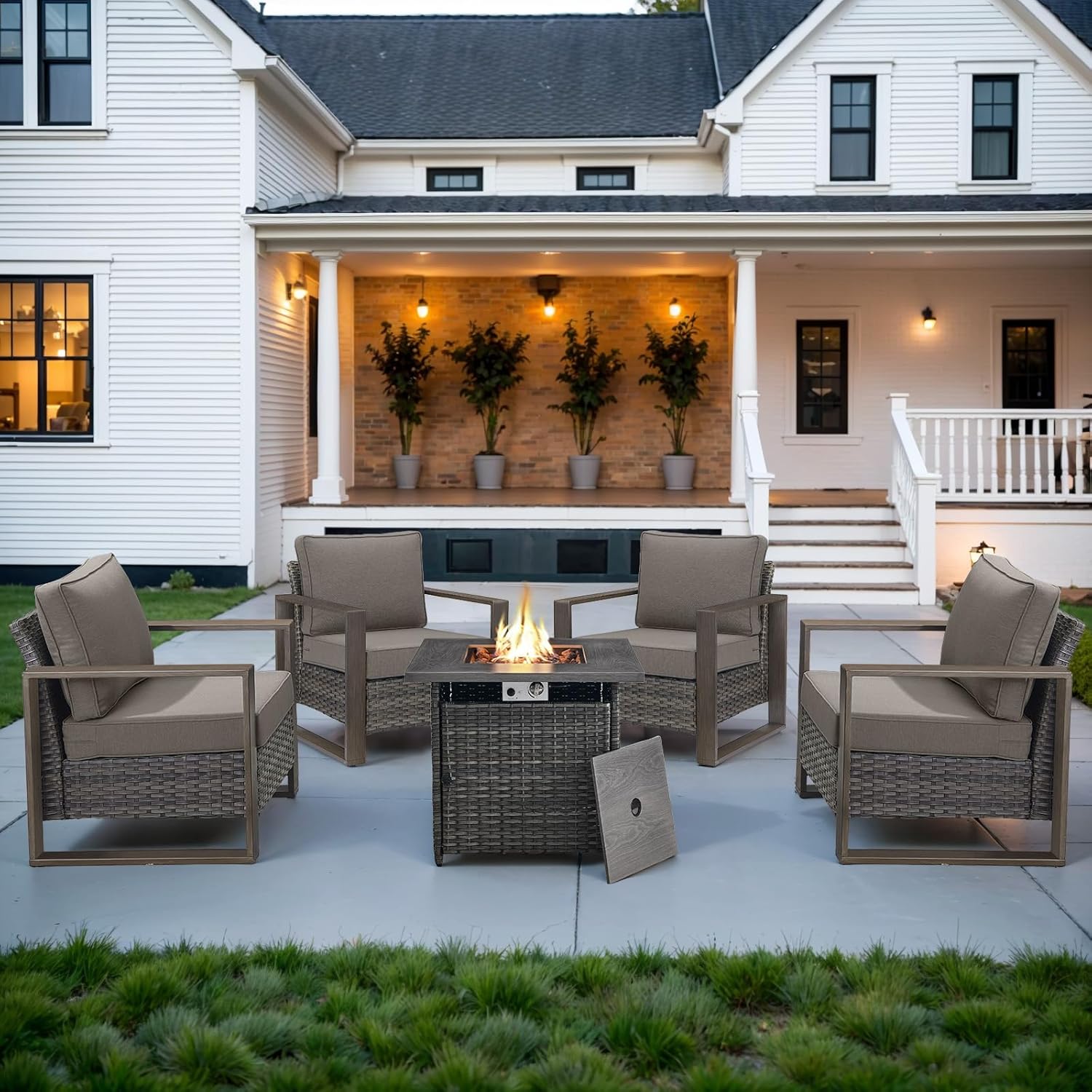 6 Piece Outdoor Patio Furniture Set with Propane Fire Pit Table, Wicker Patio Conversation Set with 2 Swivel Rocker Chairs Rattan Sofa and Removable 4" Thick Cushions for Deck Backyard