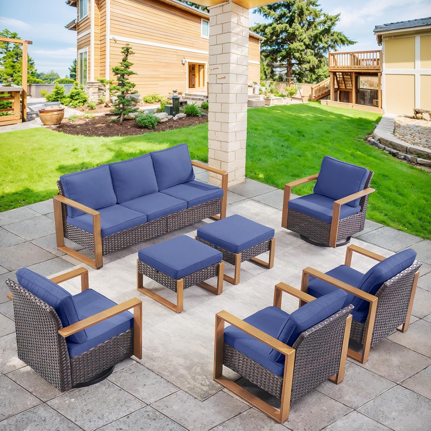 6 Piece Outdoor Patio Furniture Set with Propane Fire Pit Table, Wicker Patio Conversation Set with 2 Swivel Rocker Chairs Rattan Sofa and Removable 4" Thick Cushions for Deck Backyard