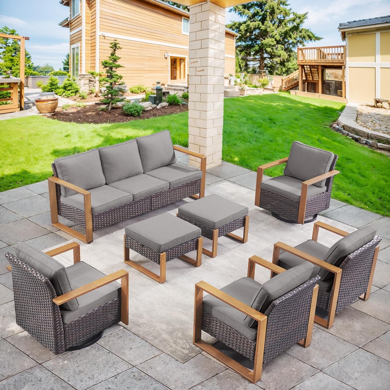 6 Piece Outdoor Patio Furniture Set with Propane Fire Pit Table, Wicker Patio Conversation Set with 2 Swivel Rocker Chairs Rattan Sofa and Removable 4" Thick Cushions for Deck Backyard