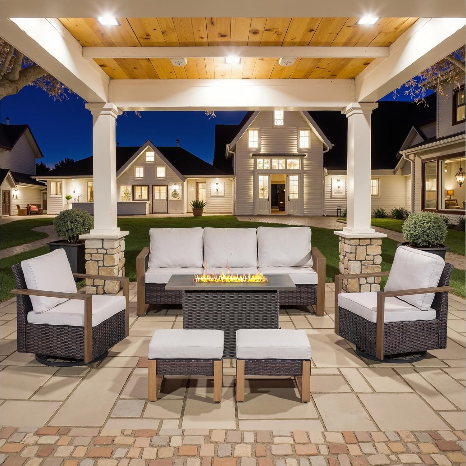 6 Piece Outdoor Patio Furniture Set with Propane Fire Pit Table, Wicker Patio Conversation Set with 2 Swivel Rocker Chairs Rattan Sofa and Removable 4" Thick Cushions for Deck Backyard