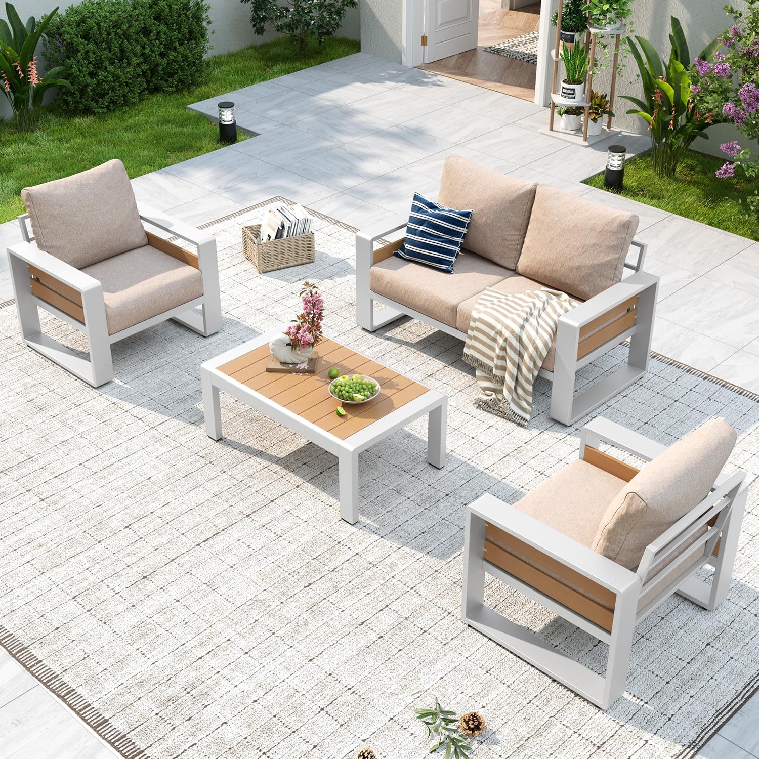 Aluminum Patio Furniture Set, 5 Piece Luxury Outdoor Sectional with 6" Olefin Fabric Cushions, Patio Conversation Sets with Coffee Table and Waterproof Cover for Backyard, Porch Dark Grey