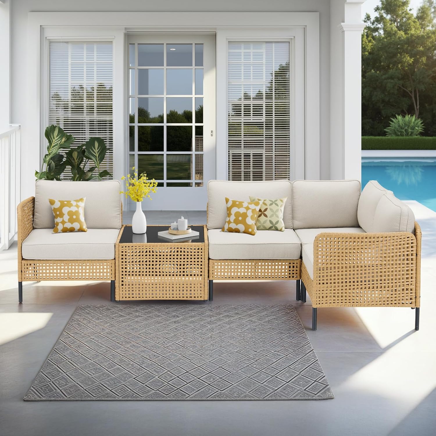 Large Outdoor Sectional 7-Piece, Boho Patio Sets for Outside with Coffee Table, All-Weather Waterproof Wicker Patio Furniture