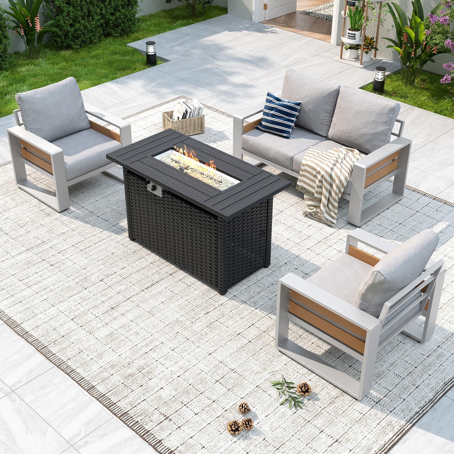 Aluminum Patio Furniture Set, 5 Piece Luxury Outdoor Sectional with 6" Olefin Fabric Cushions, Patio Conversation Sets with Coffee Table and Waterproof Cover for Backyard, Porch Dark Grey