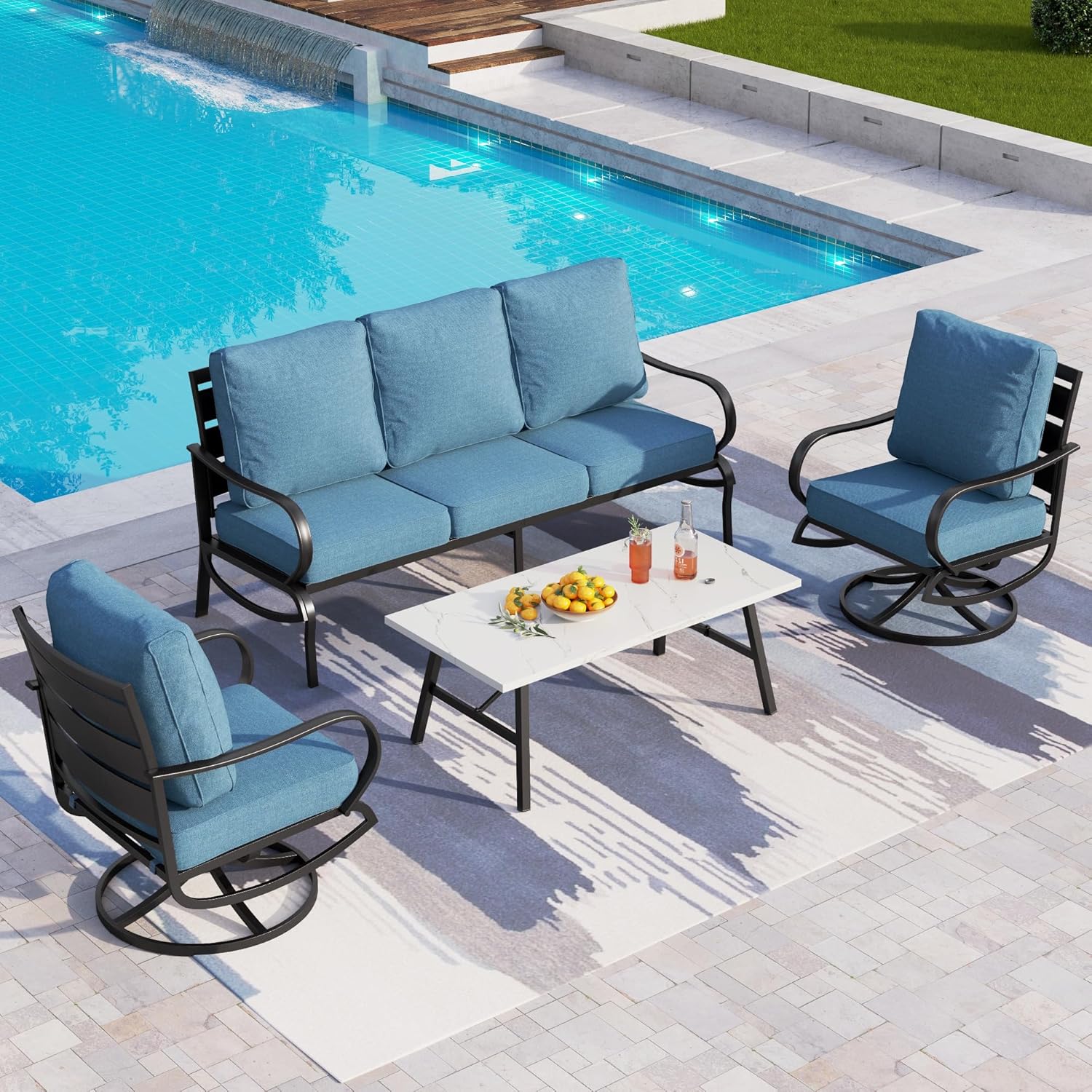 5 PCS Patio Furniture Set, Metal Outdoor Furniture Set with 1 x 3 Seater Deep Seating Bench, 2 x Swivel Sofa Chairs & 2 x Metal Cushioned Ottoman, Outdoor Patio Set for Garden