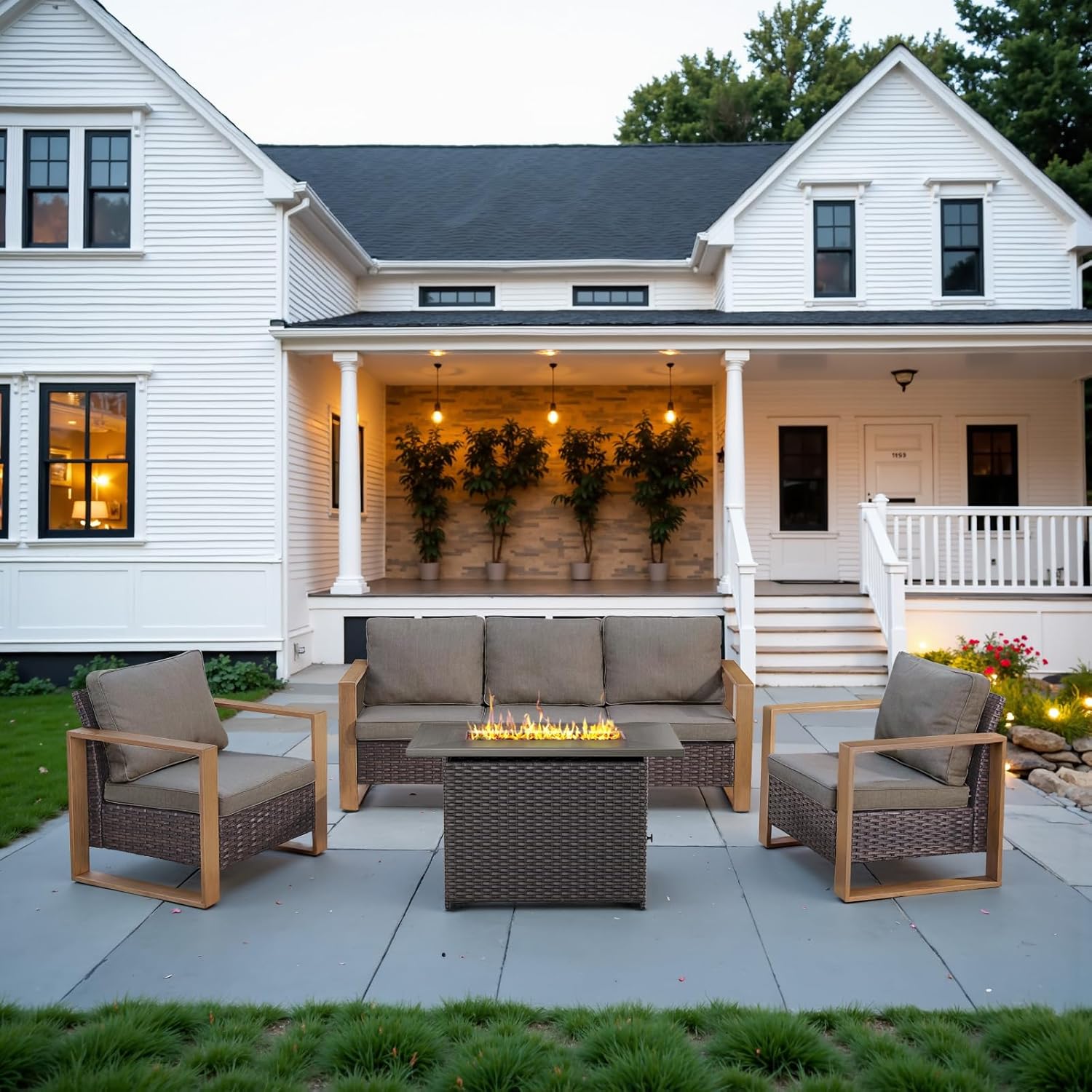 6 Piece Outdoor Patio Furniture Set with Propane Fire Pit Table, Wicker Patio Conversation Set with 2 Swivel Rocker Chairs Rattan Sofa and Removable 4" Thick Cushions for Deck Backyard