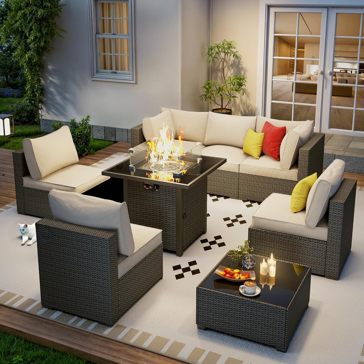 8 Piece Outdoor Patio Furniture Set, Outdoor Sectional Furniture, Rattan & Wicker Modern Modular Conversation Set Sofa Couch W/Water Resistant Washable Thick Cushions and Coffee Table, Beige