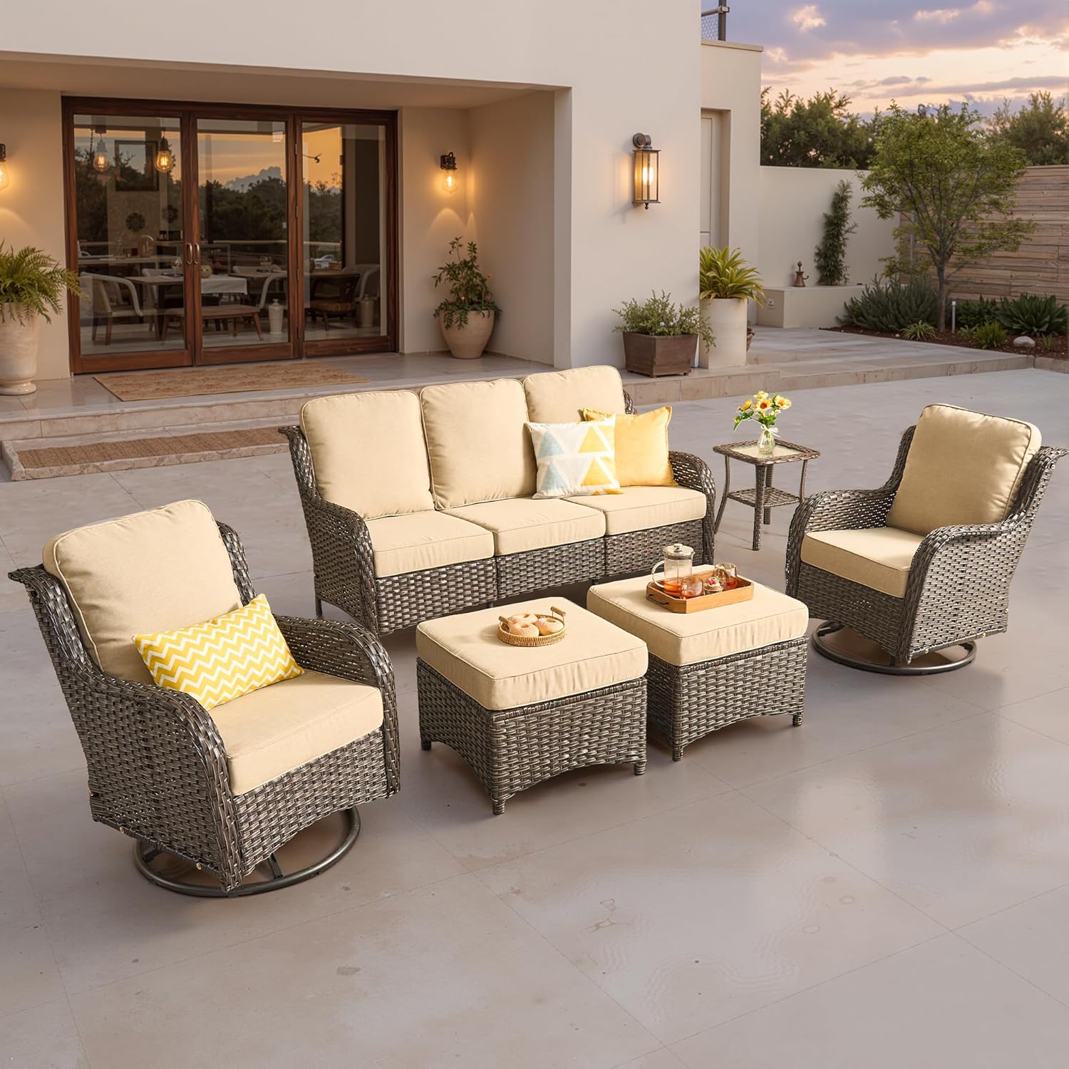 5 Pieces Patio Furniture Set, Outdoor Wicker Sofa Couch with Swivel Chairs Solar Lights Table, High Back Modern All Weather Conversation Sets, Grey Rattan, Denim Blue