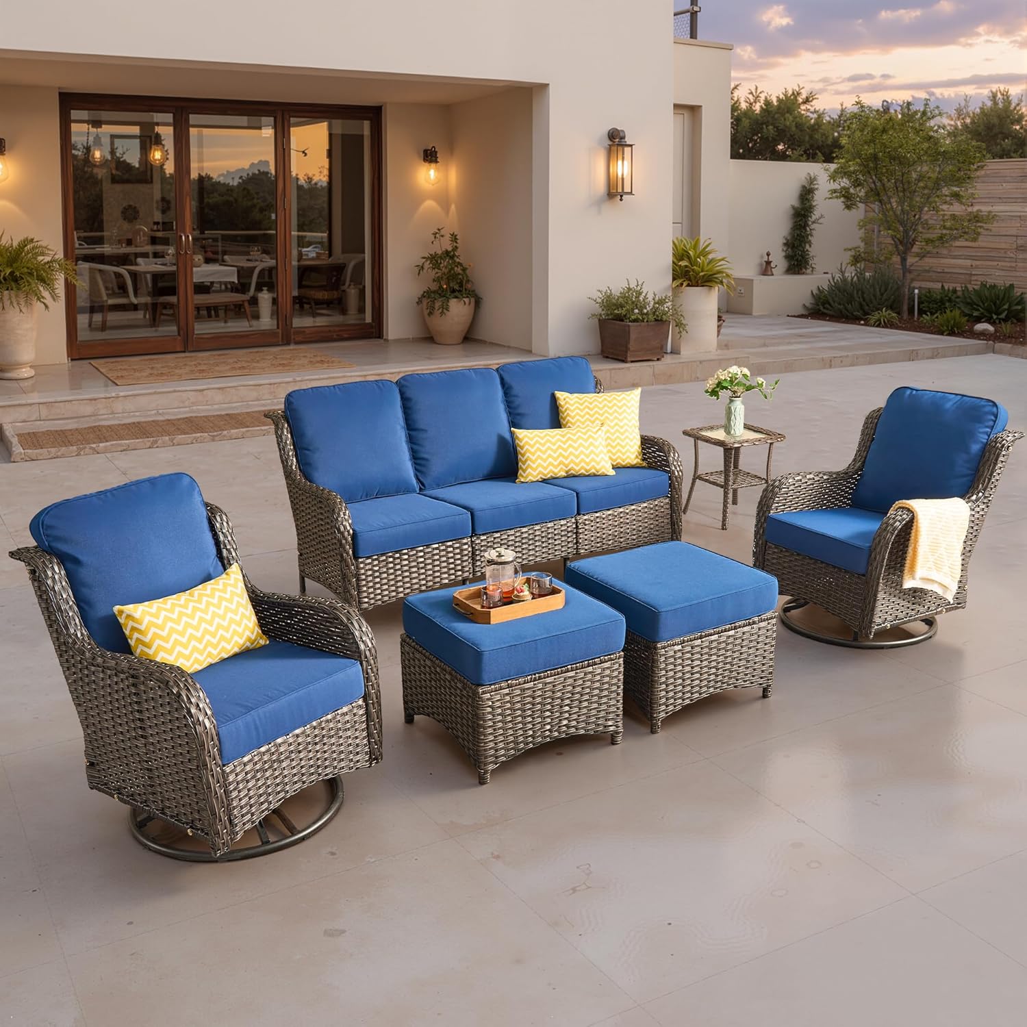 5 Pieces Patio Furniture Set, Outdoor Wicker Sofa Couch with Swivel Chairs Solar Lights Table, High Back Modern All Weather Conversation Sets, Grey Rattan, Denim Blue