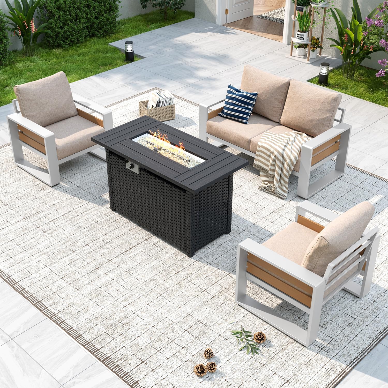 Aluminum Patio Furniture Set, 5 Piece Luxury Outdoor Sectional with 6" Olefin Fabric Cushions, Patio Conversation Sets with Coffee Table and Waterproof Cover for Backyard, Porch Dark Grey