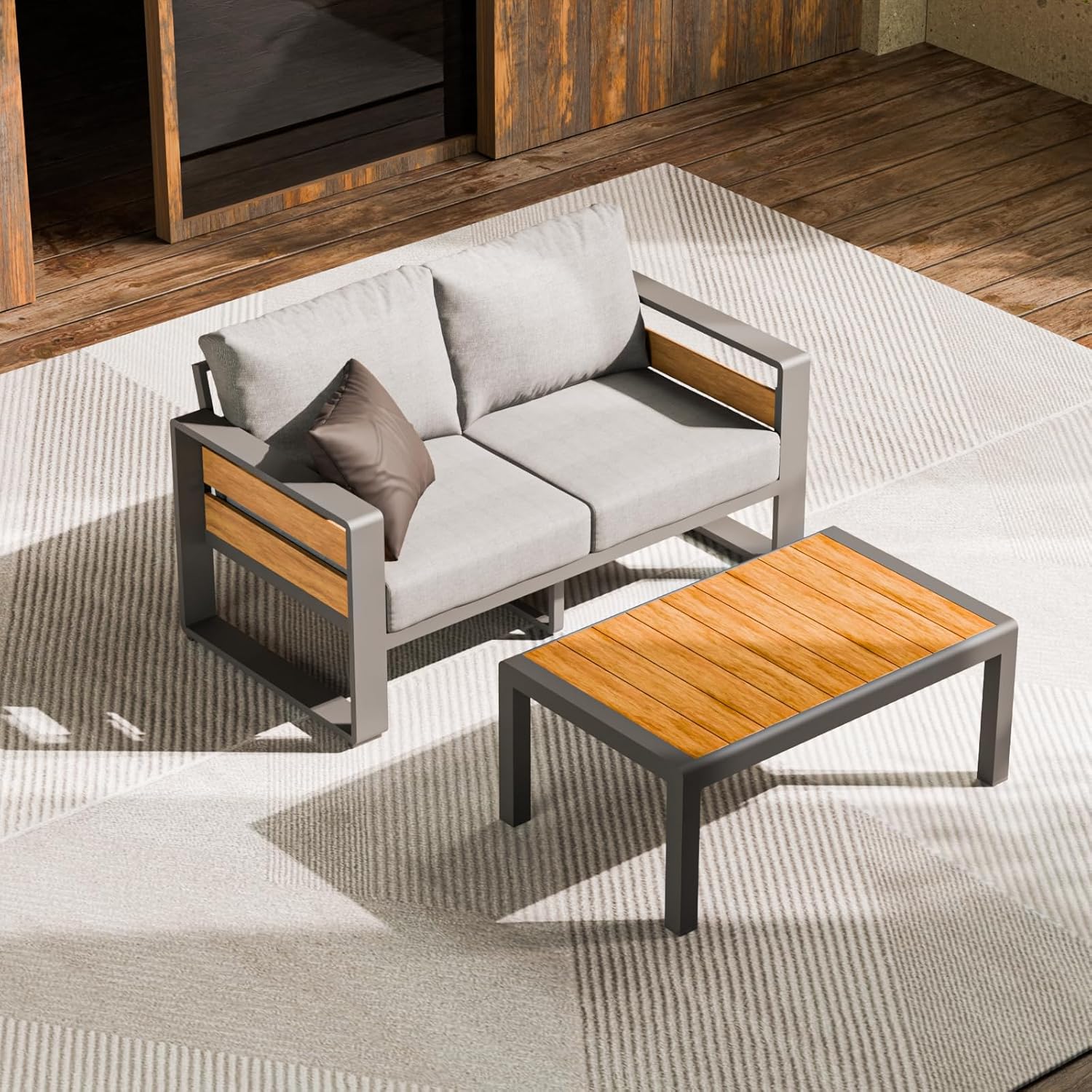 Aluminum Outdoor Patio Furniture Set, 5-Piece Metal Modern Outside Sectional Conversation Lawn Furniture with Coffee Table & Washable Thick Cushions,Seating Sofa for Garden/Backyard/Porch Grey