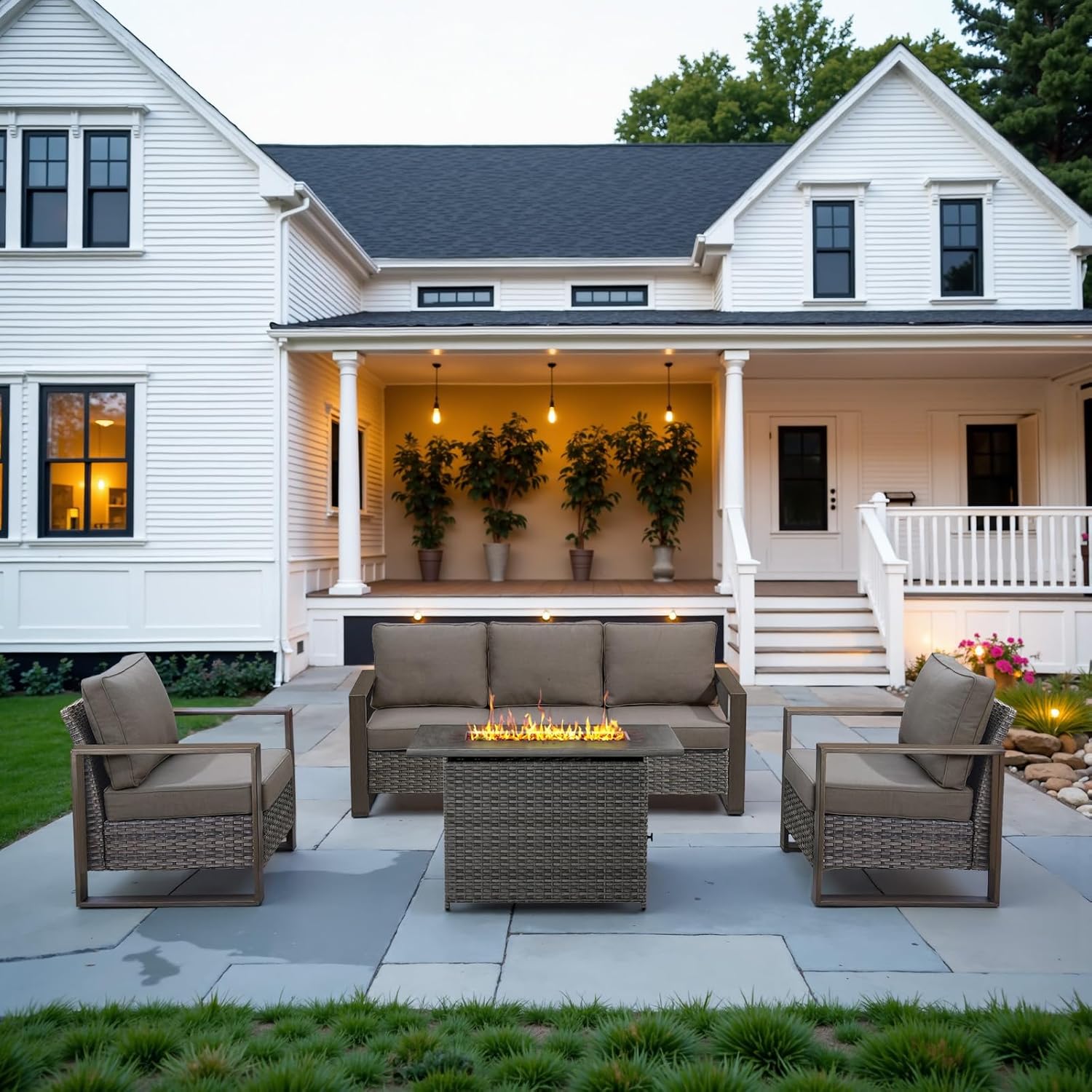 6 Piece Outdoor Patio Furniture Set with Propane Fire Pit Table, Wicker Patio Conversation Set with 2 Swivel Rocker Chairs Rattan Sofa and Removable 4" Thick Cushions for Deck Backyard