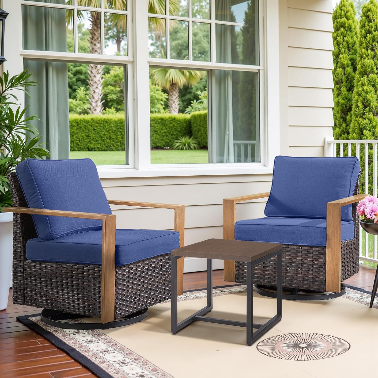 6 Piece Outdoor Patio Furniture Set with Propane Fire Pit Table, Wicker Patio Conversation Set with 2 Swivel Rocker Chairs Rattan Sofa and Removable 4" Thick Cushions for Deck Backyard