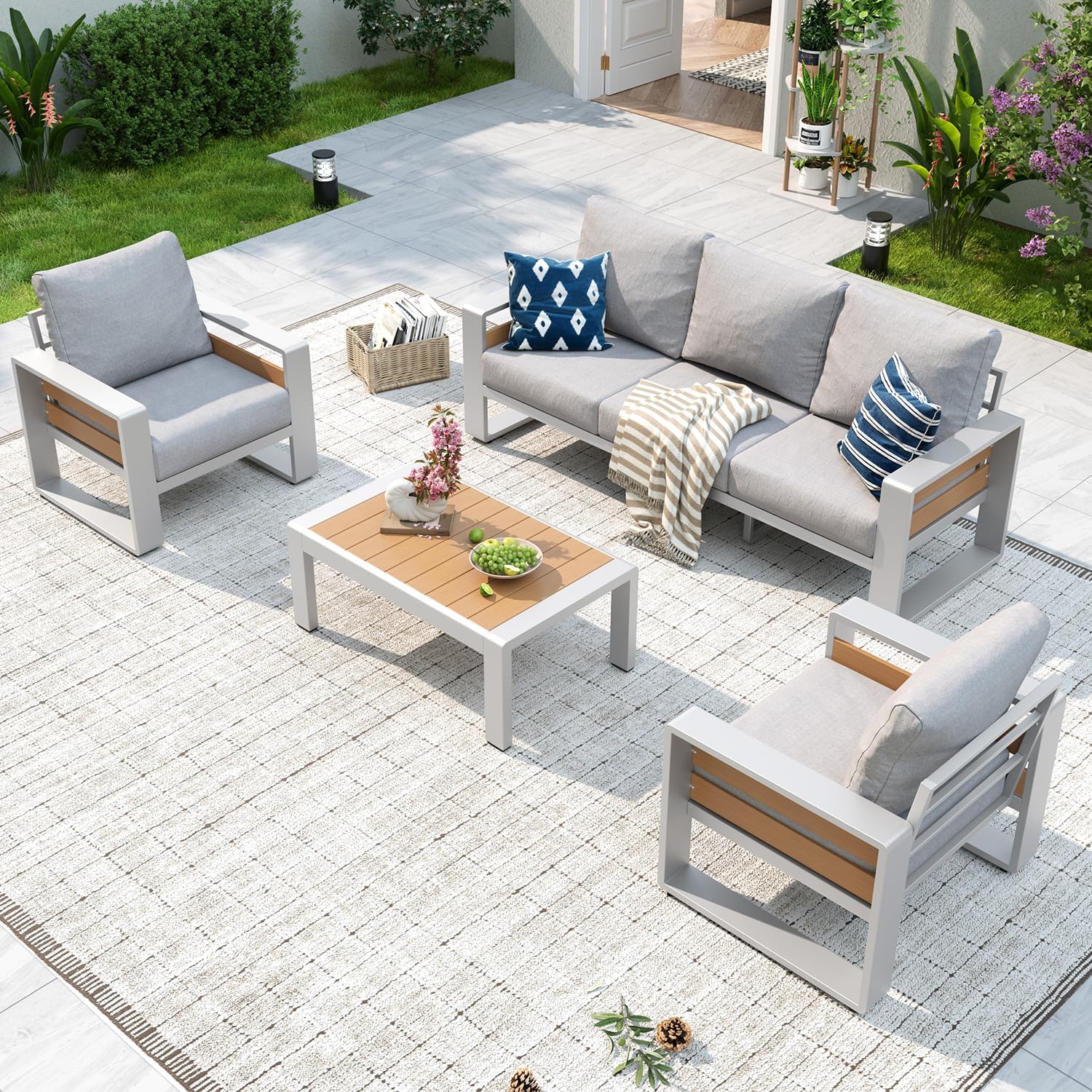 Aluminum Patio Furniture Set, 5 Piece Luxury Outdoor Sectional with 6" Olefin Fabric Cushions, Patio Conversation Sets with Coffee Table and Waterproof Cover for Backyard, Porch Dark Grey