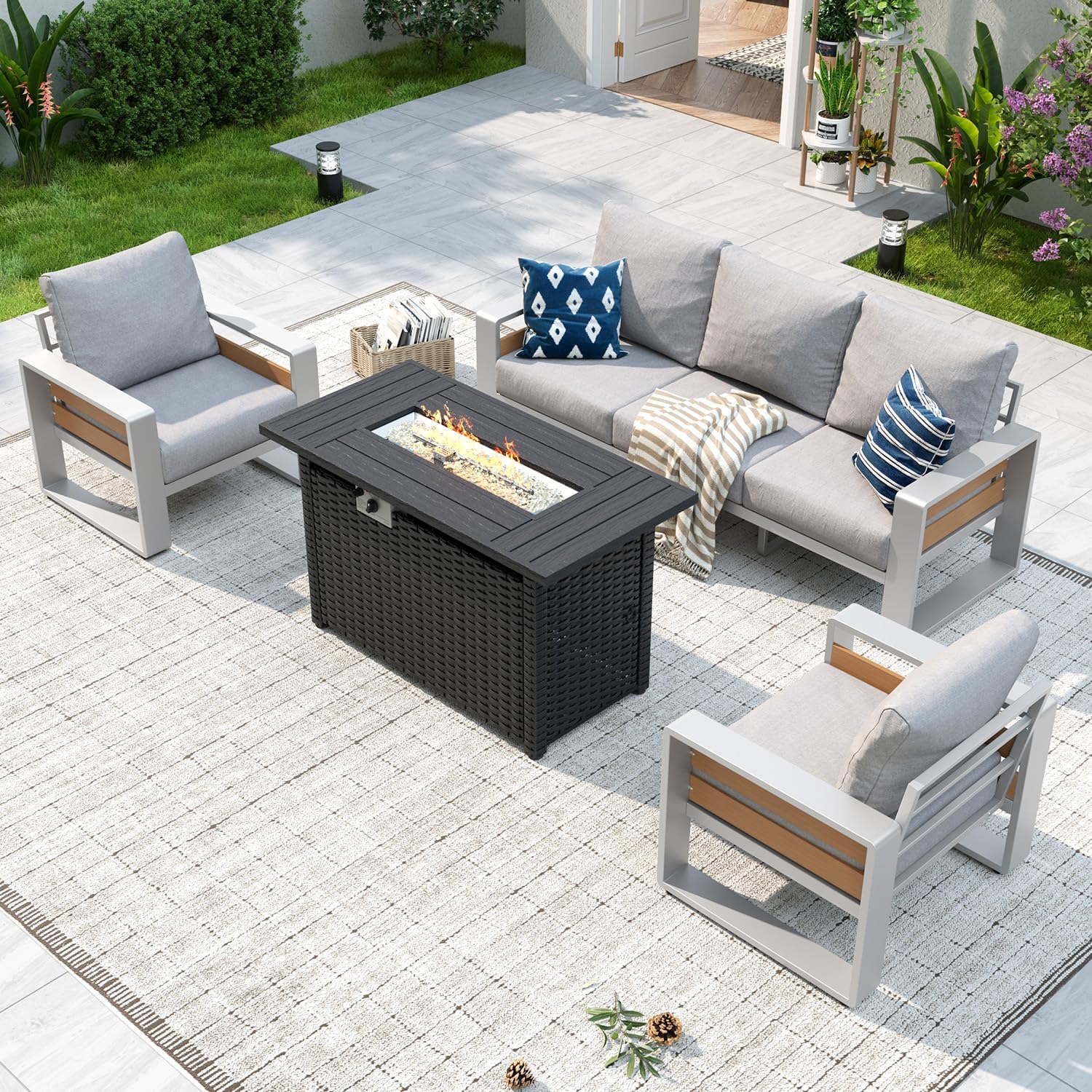 Aluminum Patio Furniture Set, 5 Piece Luxury Outdoor Sectional with 6" Olefin Fabric Cushions, Patio Conversation Sets with Coffee Table and Waterproof Cover for Backyard, Porch Dark Grey