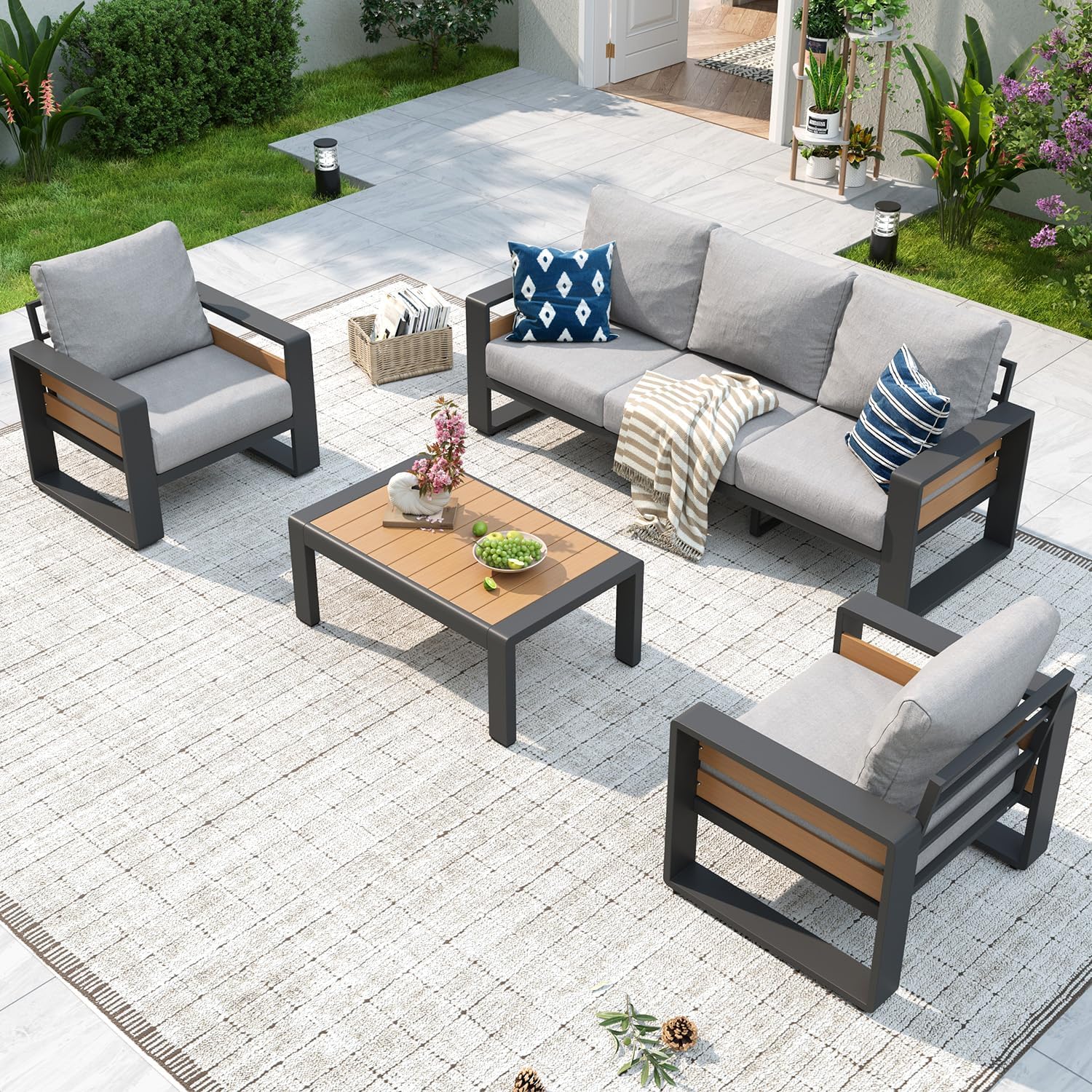 Aluminum Patio Furniture Set, 5 Piece Luxury Outdoor Sectional with 6" Olefin Fabric Cushions, Patio Conversation Sets with Coffee Table and Waterproof Cover for Backyard, Porch Dark Grey
