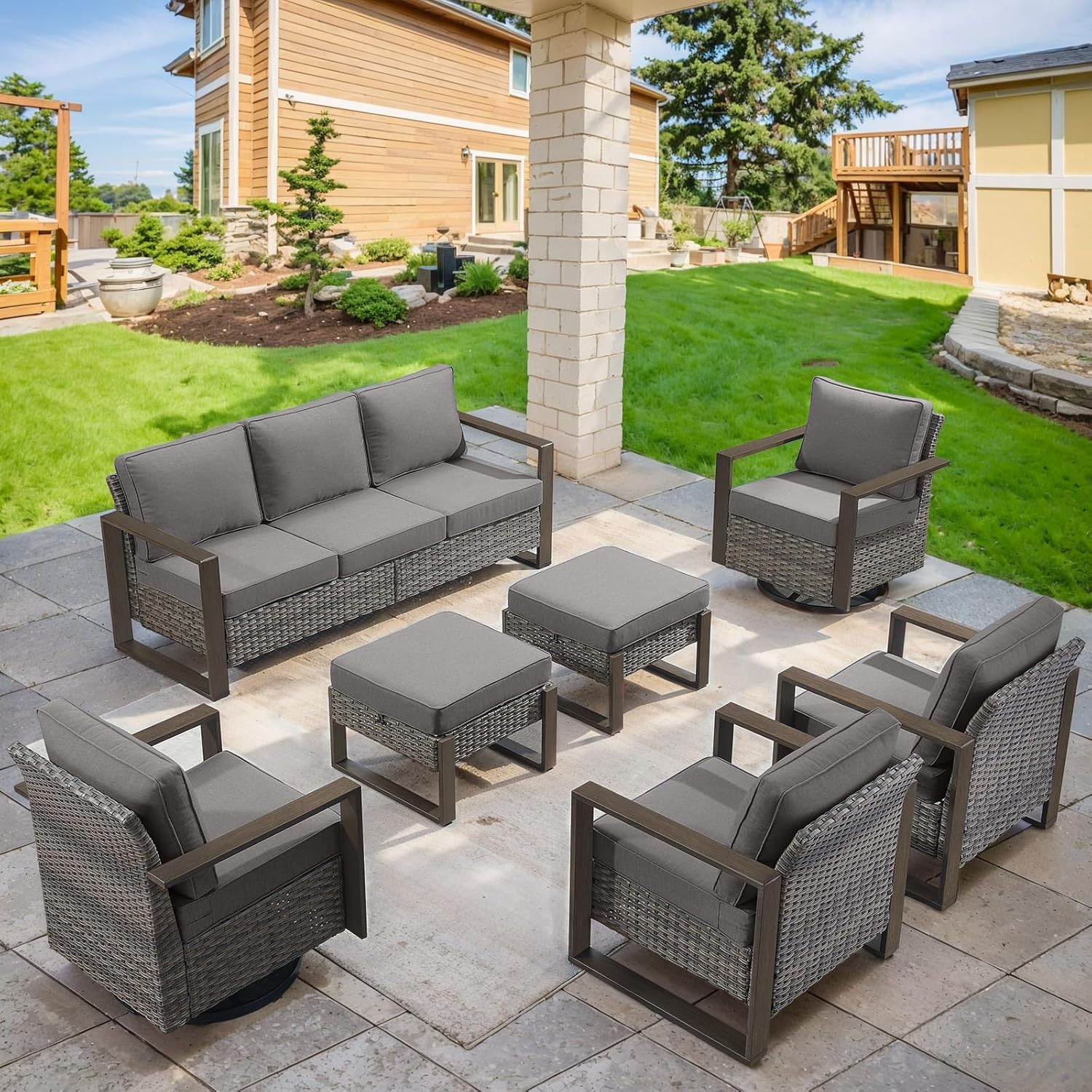 6 Piece Outdoor Patio Furniture Set with Propane Fire Pit Table, Wicker Patio Conversation Set with 2 Swivel Rocker Chairs Rattan Sofa and Removable 4" Thick Cushions for Deck Backyard