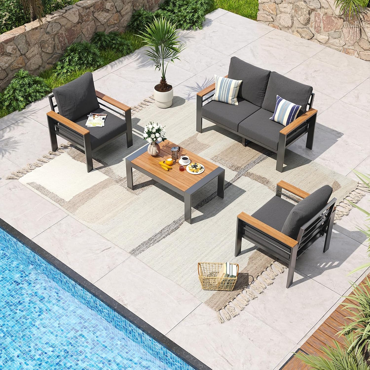 Aluminum Patio Furniture Set 7 Seats, Oversized Outdoor Sectional with Washable Thick Cushions, Coffee Table and Waterproof Cover, Patio Conversation Sets for Porch, Balcony, Deck