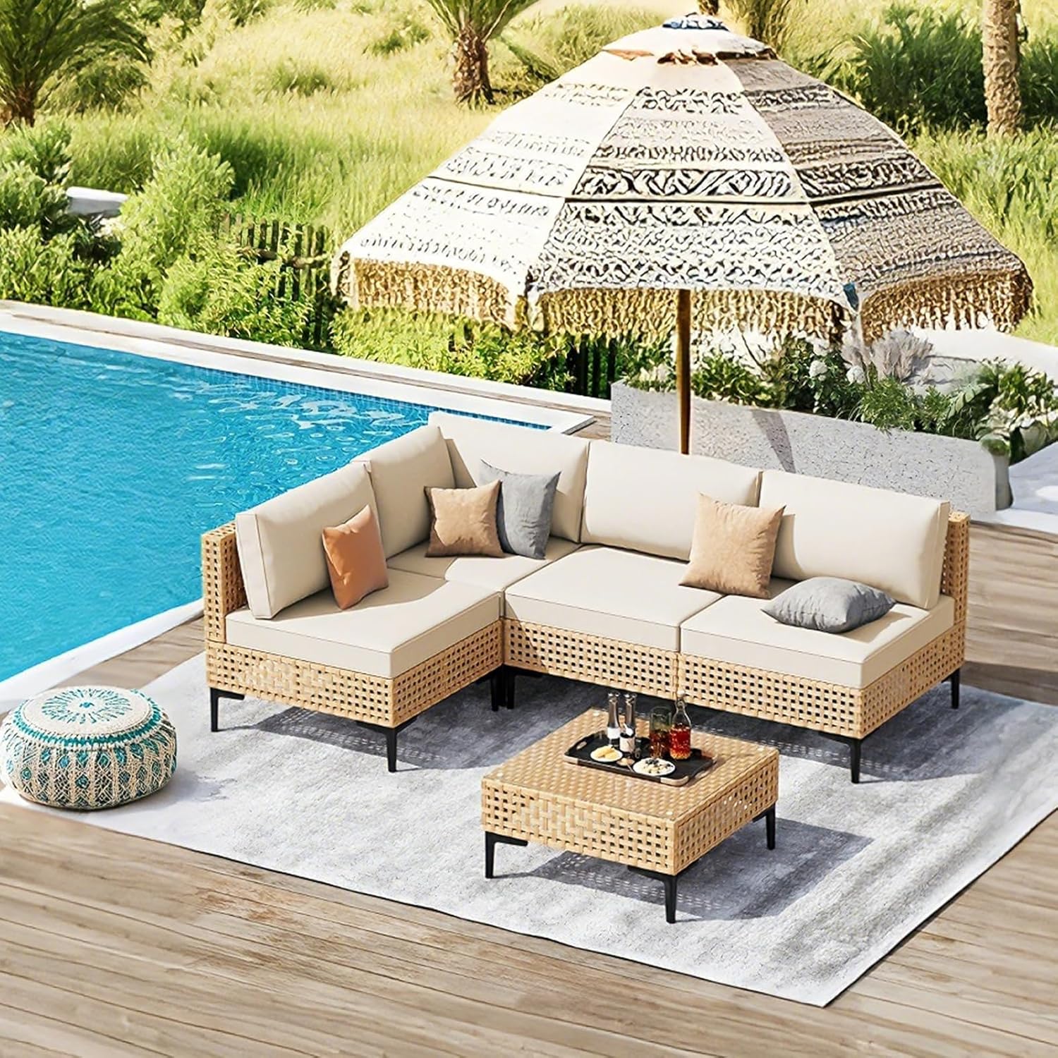 Patio Furniture Set, 110" Large 7-Piece Wicker Outdoor Patio Furniture Sets with Coffee Table,Boho Patio Conversation Set Sectional Sofa with All-Weather Cushions for Backyard,Porch,Beige