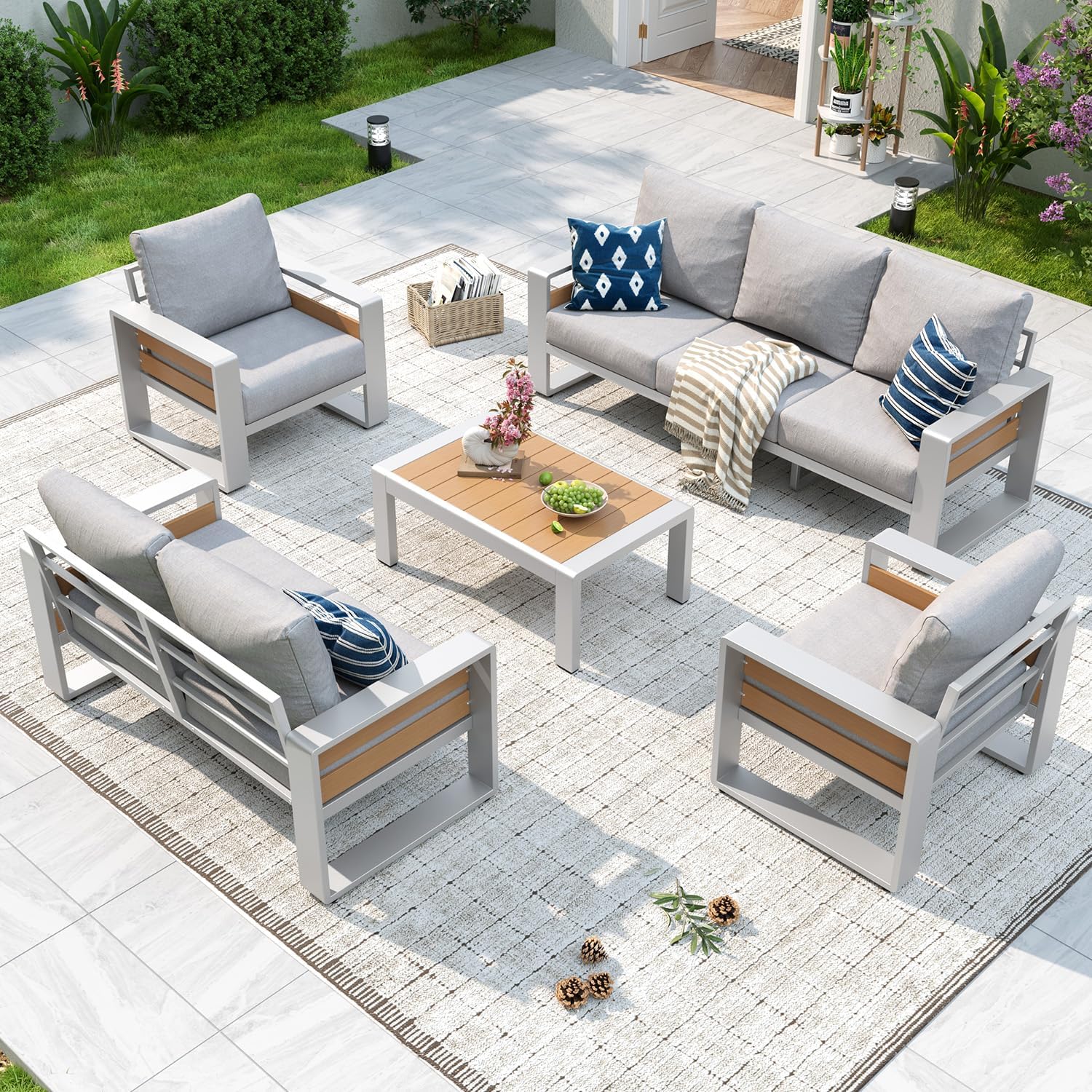 Aluminum Patio Furniture Set, 5 Piece Luxury Outdoor Sectional with 6" Olefin Fabric Cushions, Patio Conversation Sets with Coffee Table and Waterproof Cover for Backyard, Porch Dark Grey
