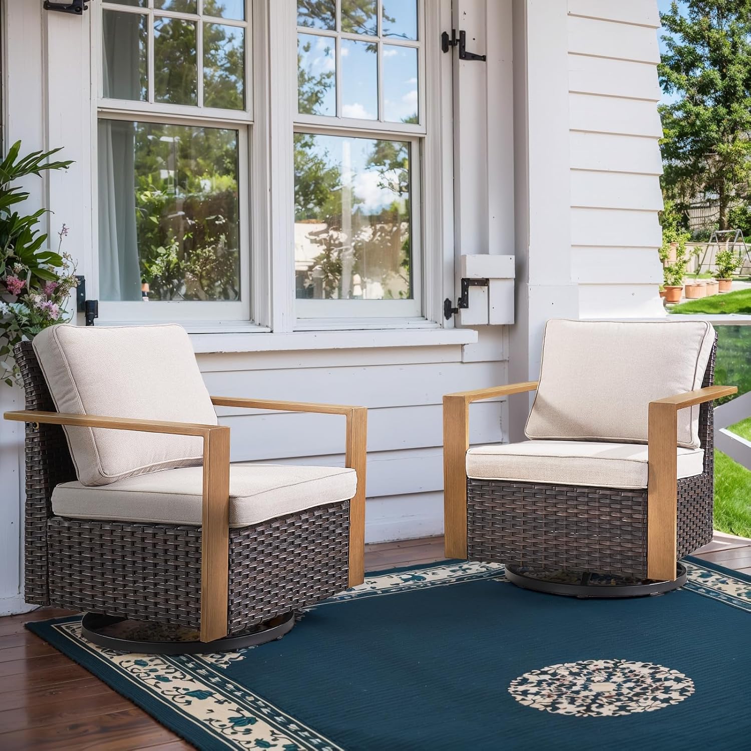 6 Piece Outdoor Patio Furniture Set with Propane Fire Pit Table, Wicker Patio Conversation Set with 2 Swivel Rocker Chairs Rattan Sofa and Removable 4" Thick Cushions for Deck Backyard