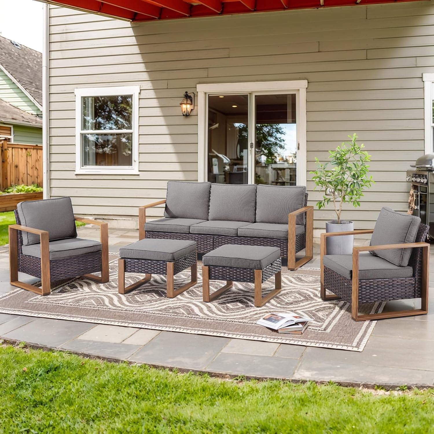 6 Piece Outdoor Patio Furniture Set with Propane Fire Pit Table, Wicker Patio Conversation Set with 2 Swivel Rocker Chairs Rattan Sofa and Removable 4" Thick Cushions for Deck Backyard