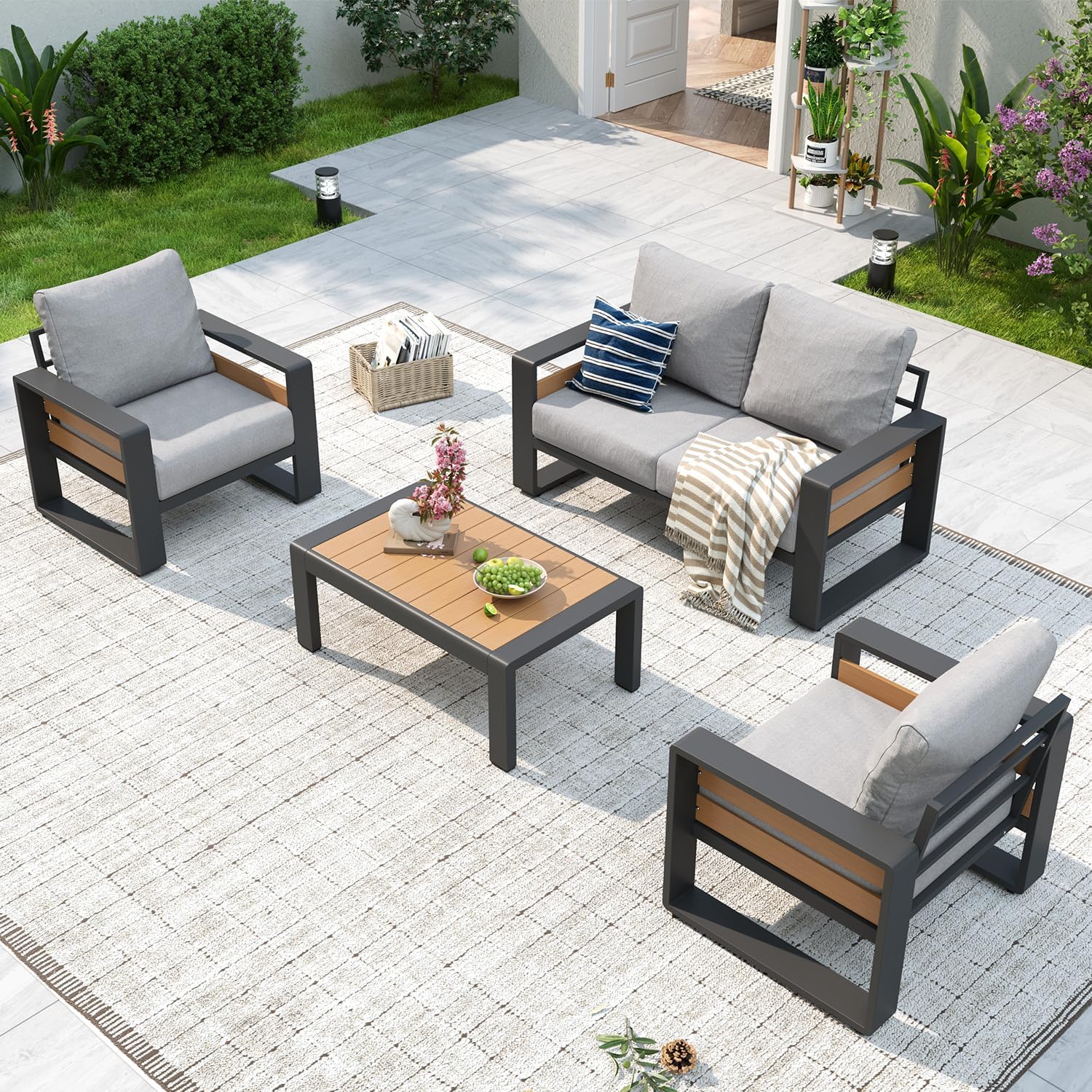 Aluminum Patio Furniture Set, 5 Piece Luxury Outdoor Sectional with 6" Olefin Fabric Cushions, Patio Conversation Sets with Coffee Table and Waterproof Cover for Backyard, Porch Dark Grey